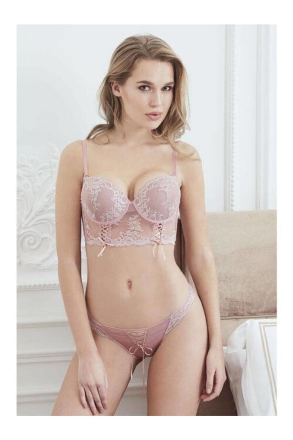 EliteWomans Kadın Pembe Dantelli Balenli Dolgulu Push Up Bustiyer Takım