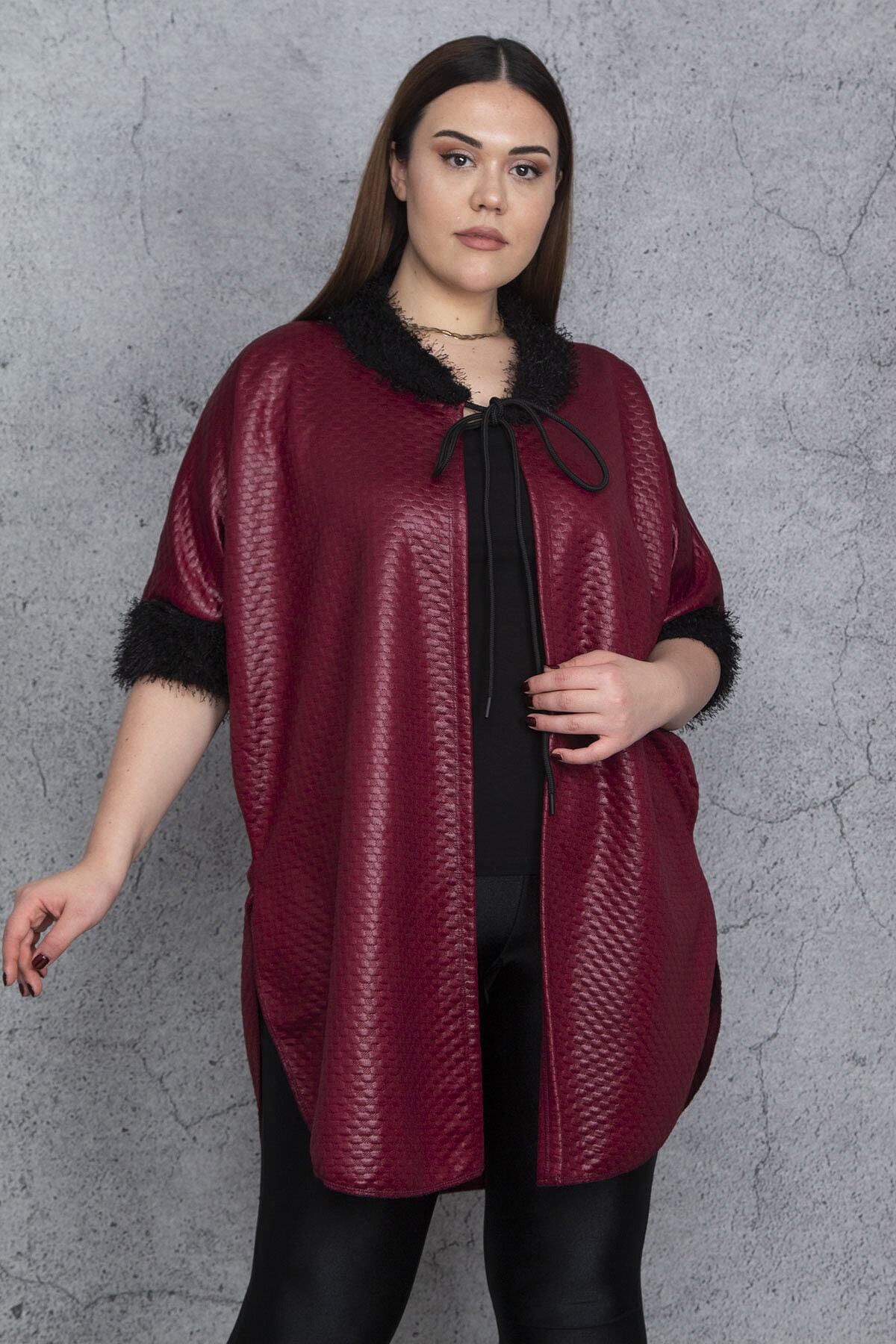 Şans Kadın Bordo Kapitone Desenli Astarsız Yan Yırtmaçlı Panço 65N29744