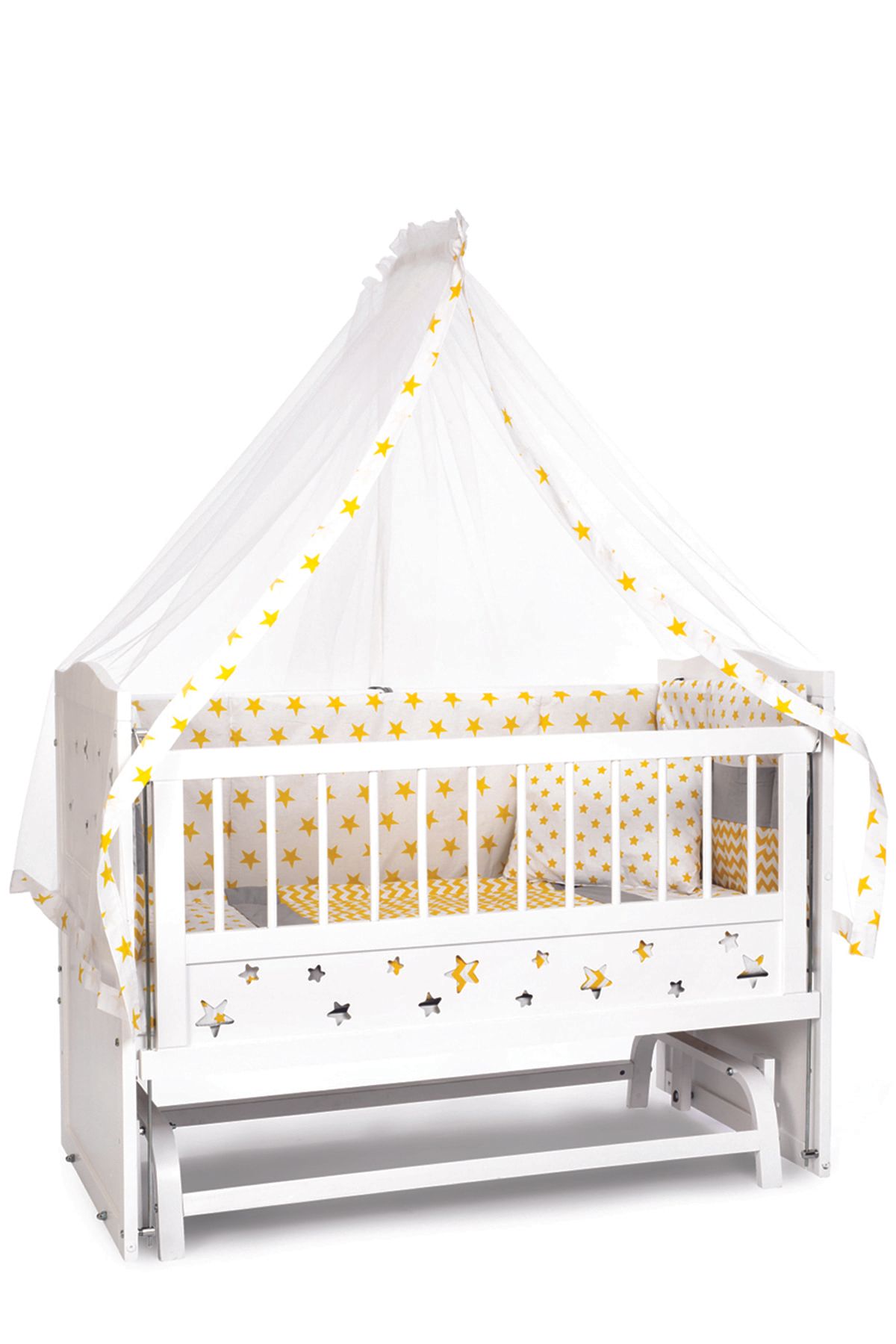 bamgidoo Lake Beyaz Yıldızlı 3 Kadameli Anne Yanı Beşik 60x120 - Kck Sarı Uyku Setli Soft Ortapedik Yataklı