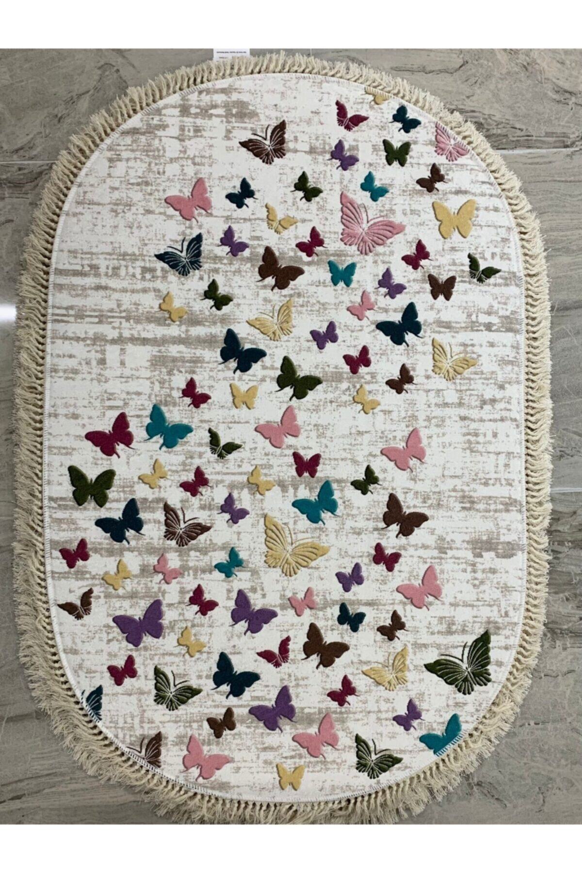 sabirehome Uçan KelebeklerDesenli Püsküllü Oval Kapı Önü Ve Banyo Paspasv40 X 60 Cm Karşık Renkli