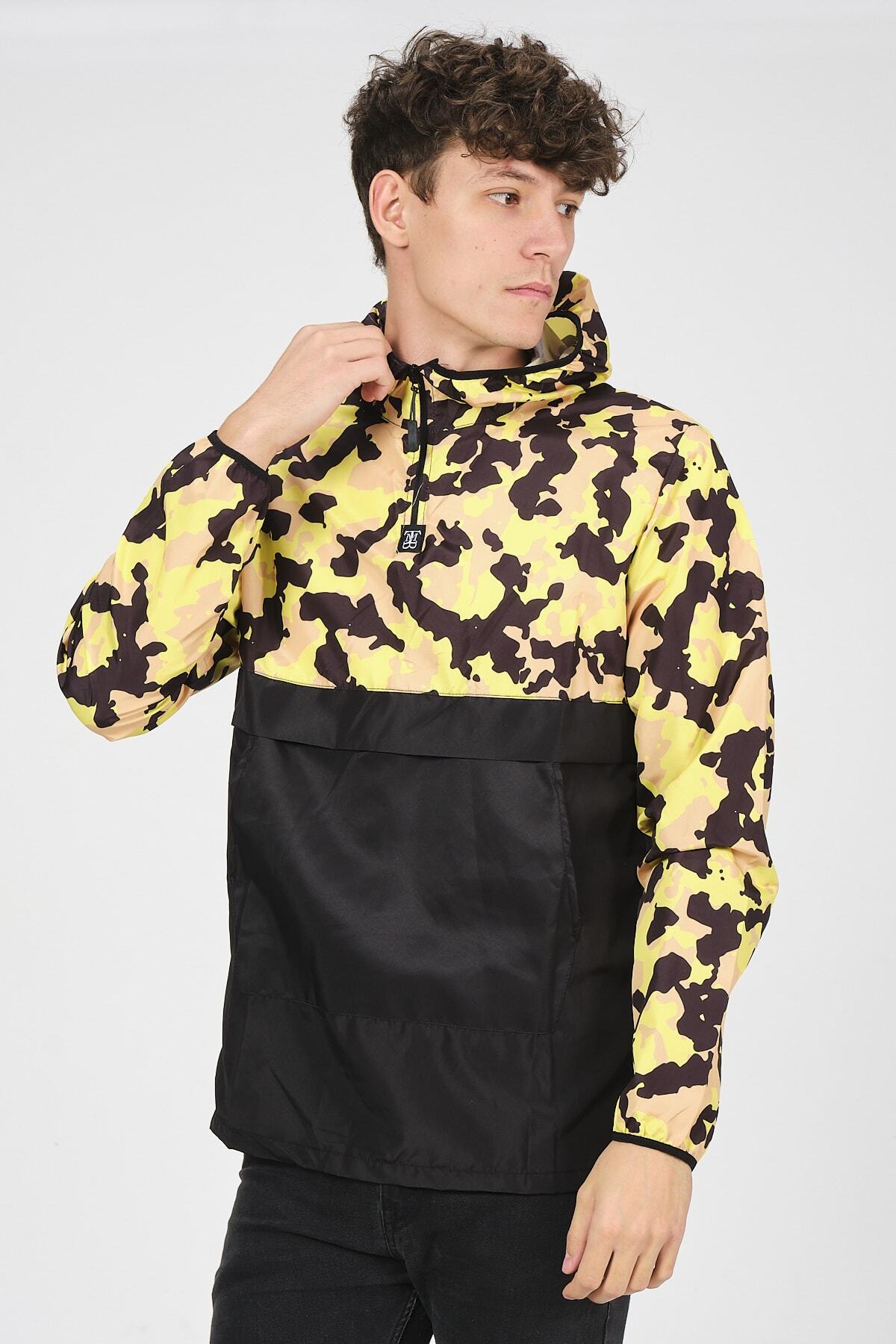 Minharir Unısex Desenli Sarı Kanguru Cepli Yağmurluk