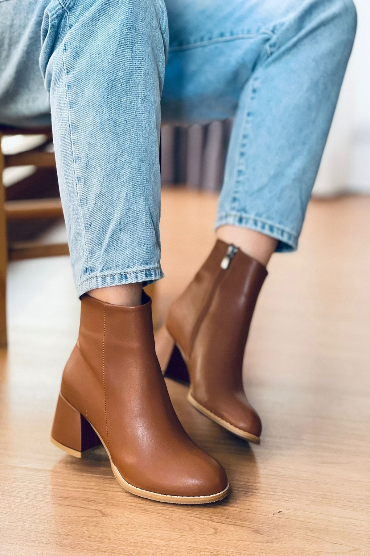 Mida Shoes Taba Deri Fermuarlı Kadın Bot