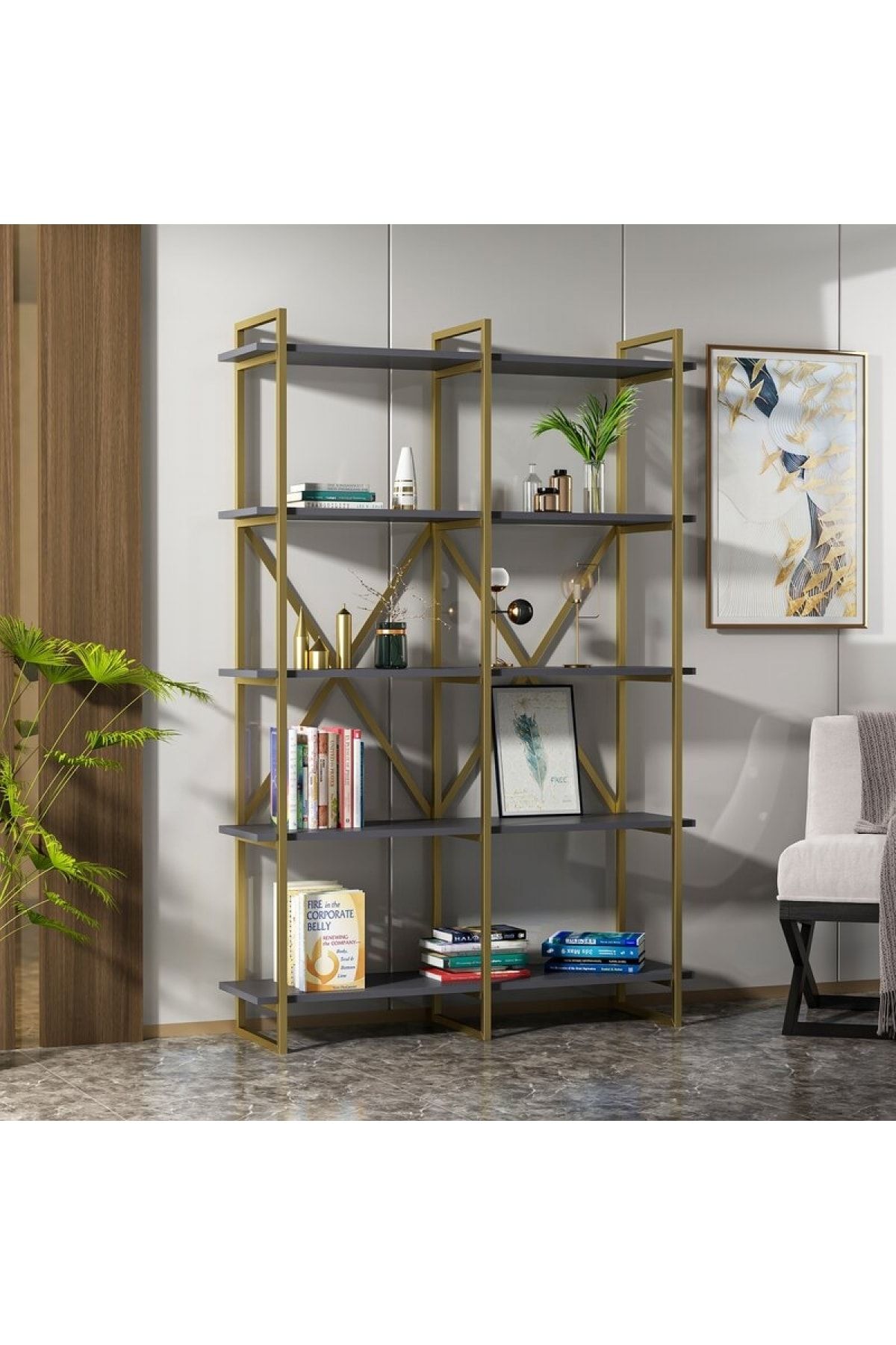 Evdemo Roma 5 Raflı Metal Kitaplık Gold