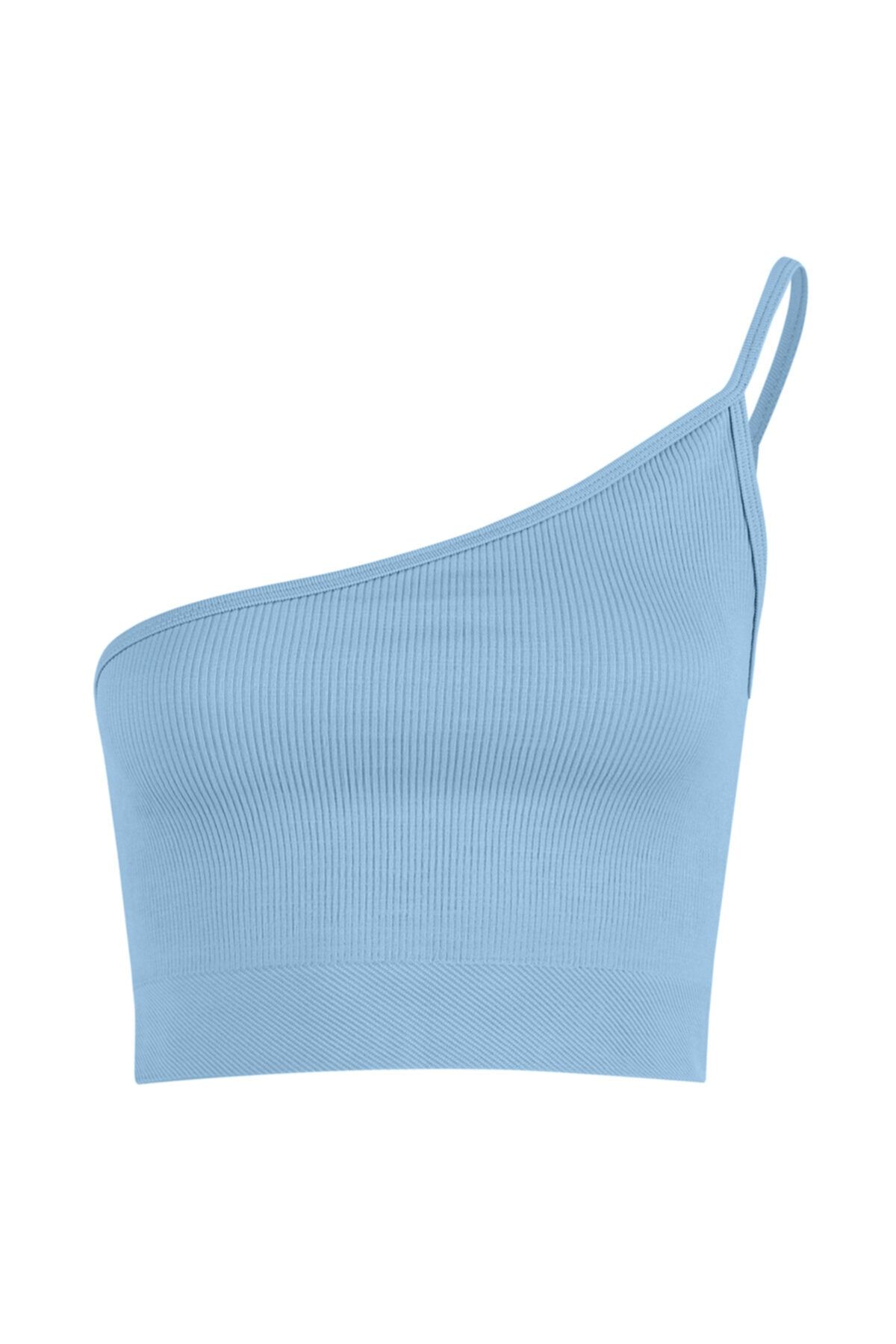 Panku Bizu Swimwear Tek Omuz Crop Top Mavi Renk