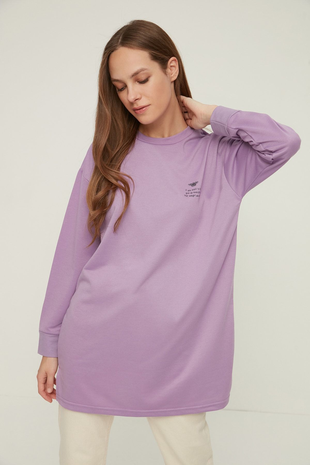 Trendyol Modest Lila Bisiklet Yaka Baskı Detaylı Örme Tunik TCTAW22UK0048