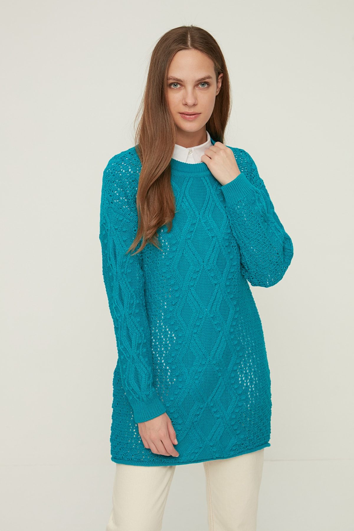 Trendyol Modest Turkuaz Bisiklet Yaka Uzun Triko Kazak TCTAW22AK0089