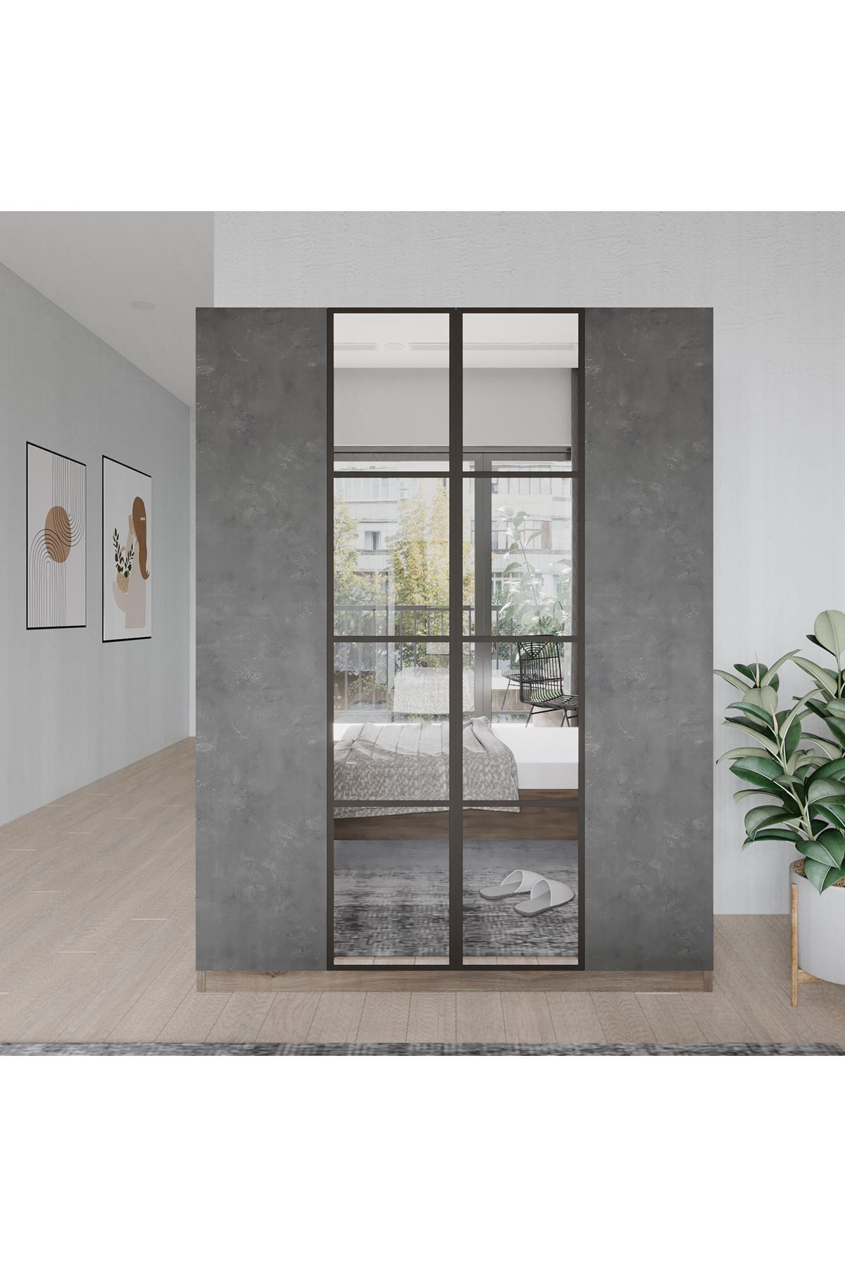 Robin Home 4 Kapaklı Çekmeceli Aynalı Gardırop Elbise Dolabı Gri-kahverengi Mo2-cg