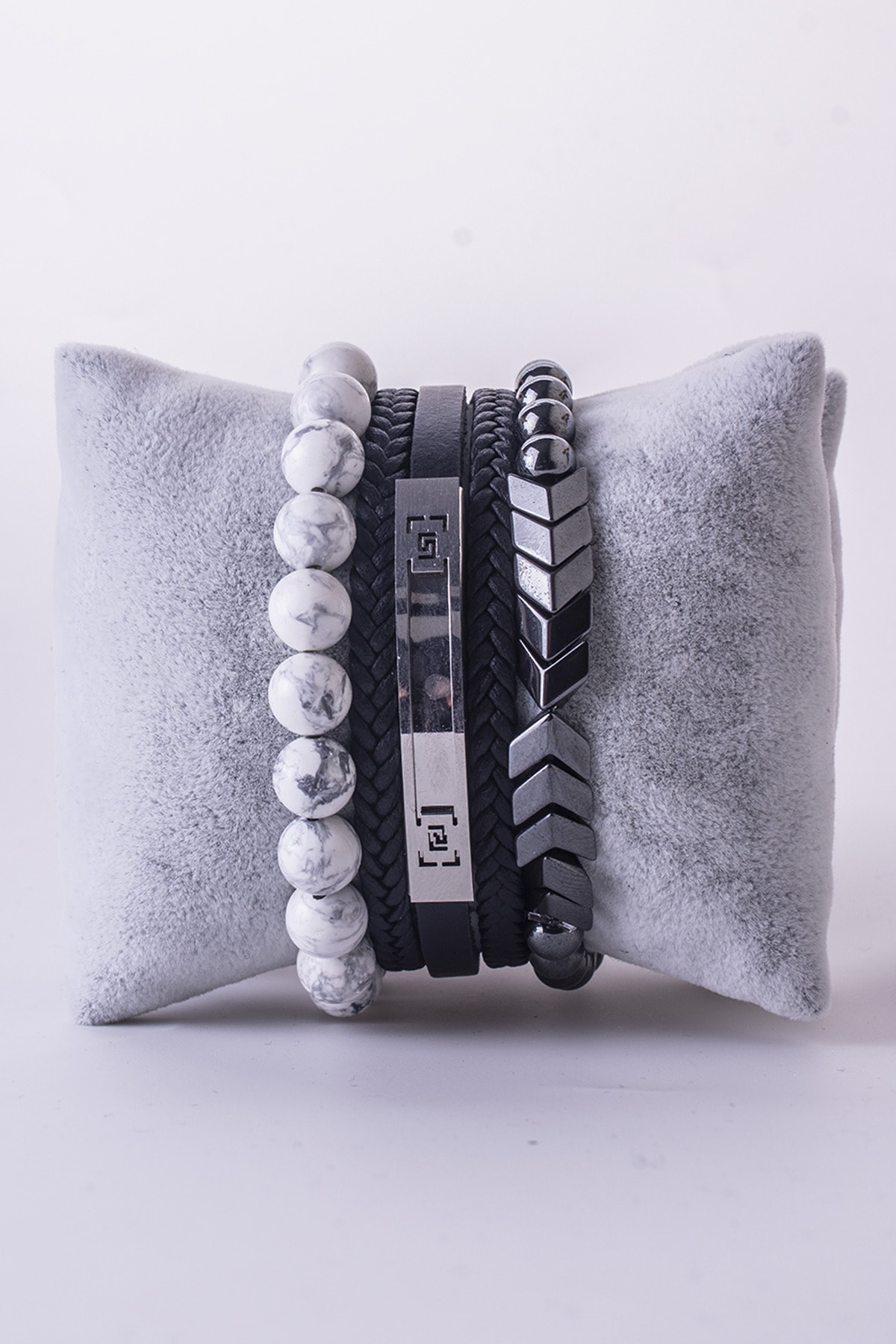 opdiset 3 Lü Bileklik Seti Full Havlit Doğaltaş Hematit ve Deri