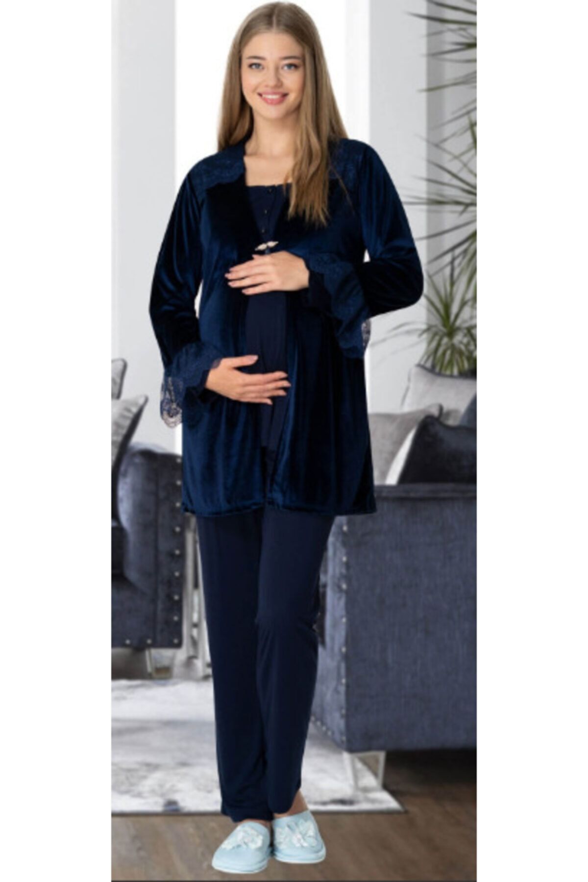 Mecit 5306 Lacivert Kadife Sabahlıklı Lohusa Pijama Takımı