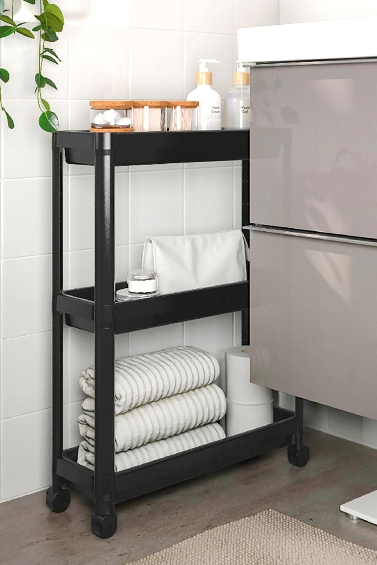Meleni Home 3 Katlı Vesken Tekerlekli Raf - Siyah Banyo Mutfak Düzenleyici Organizer