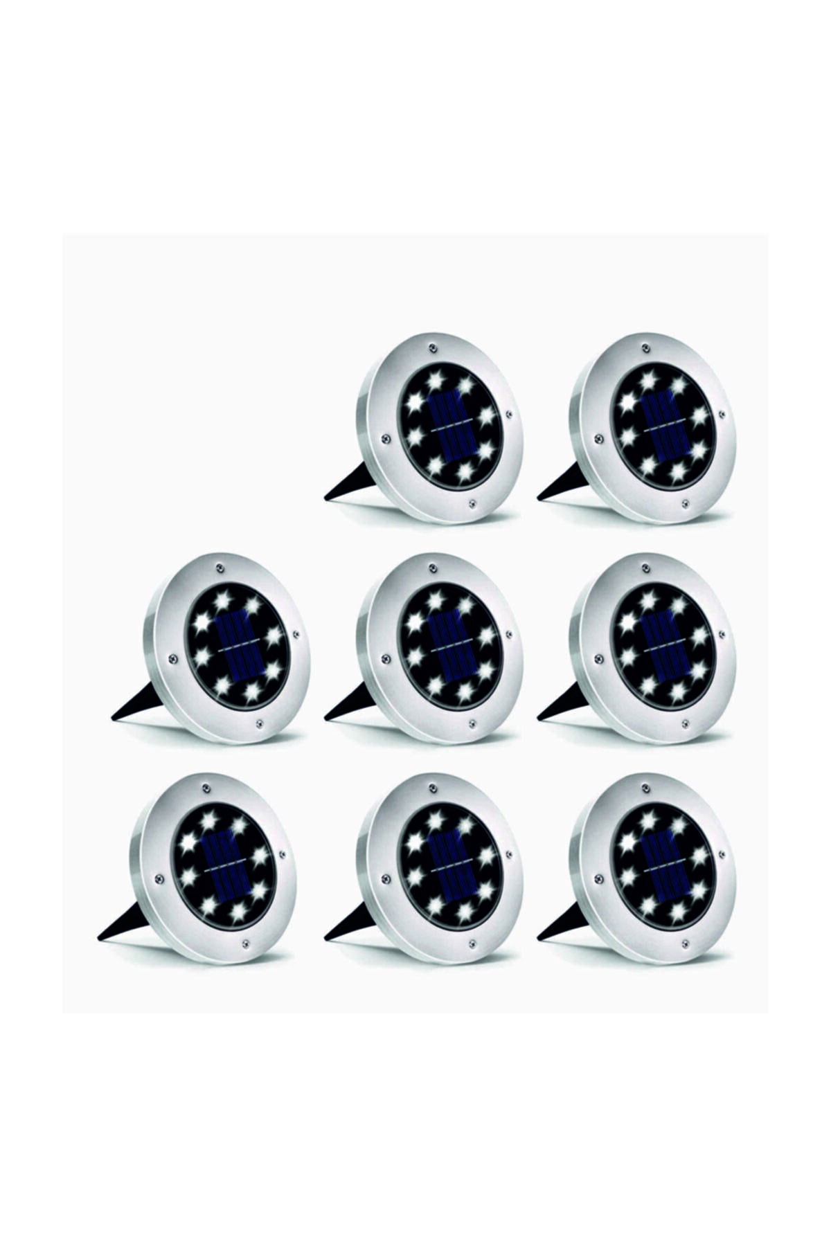 Dnz 8'li 3w Solar Güneş Enerjili Kazıklı Çim & Bahçe Aydınlatma, Paslanmaz Inox, Ip65, Beyaz Işık