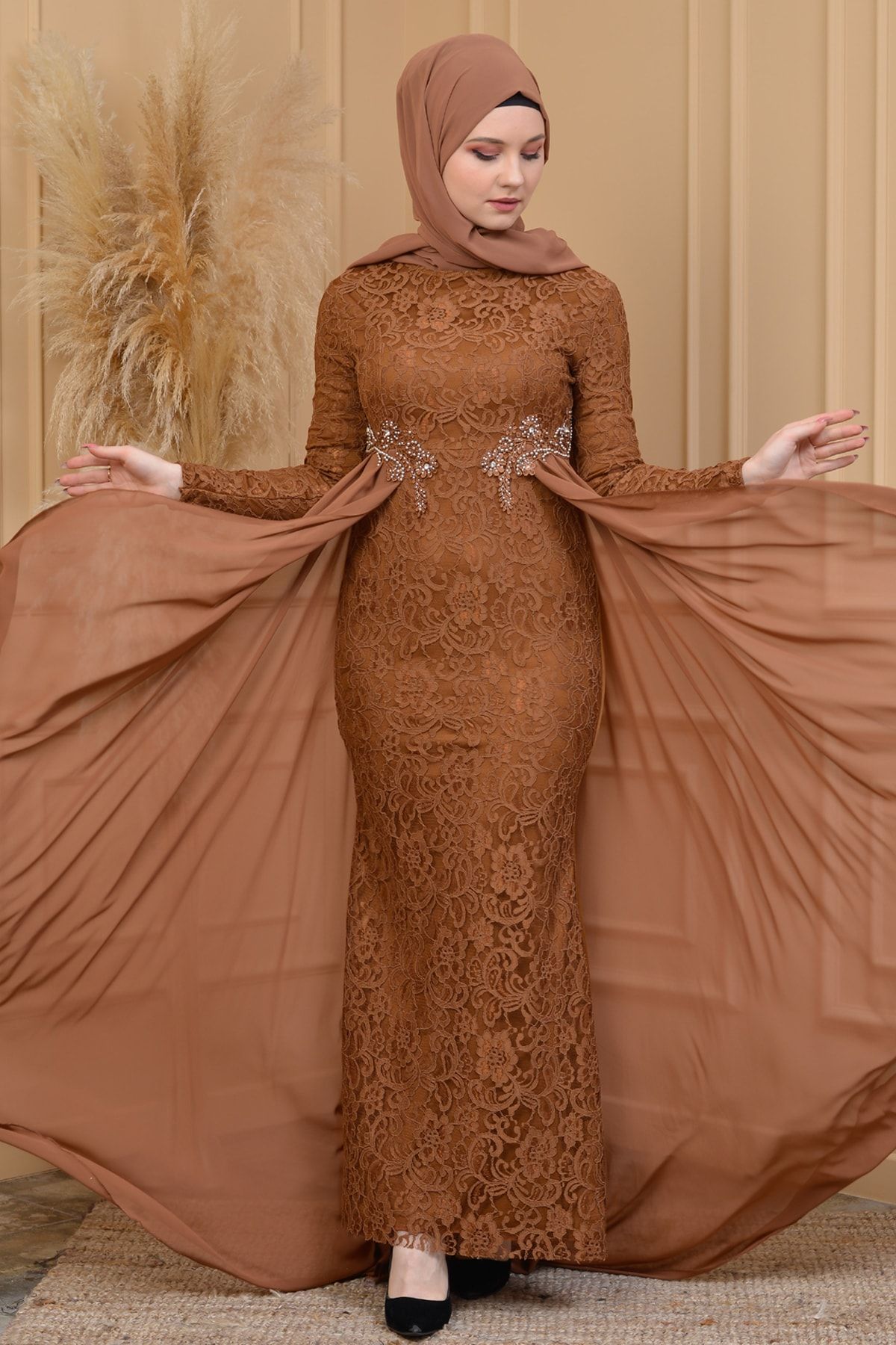 poplinmoda Dantelli Taba Tesettür Abiye Elbise 9105taba