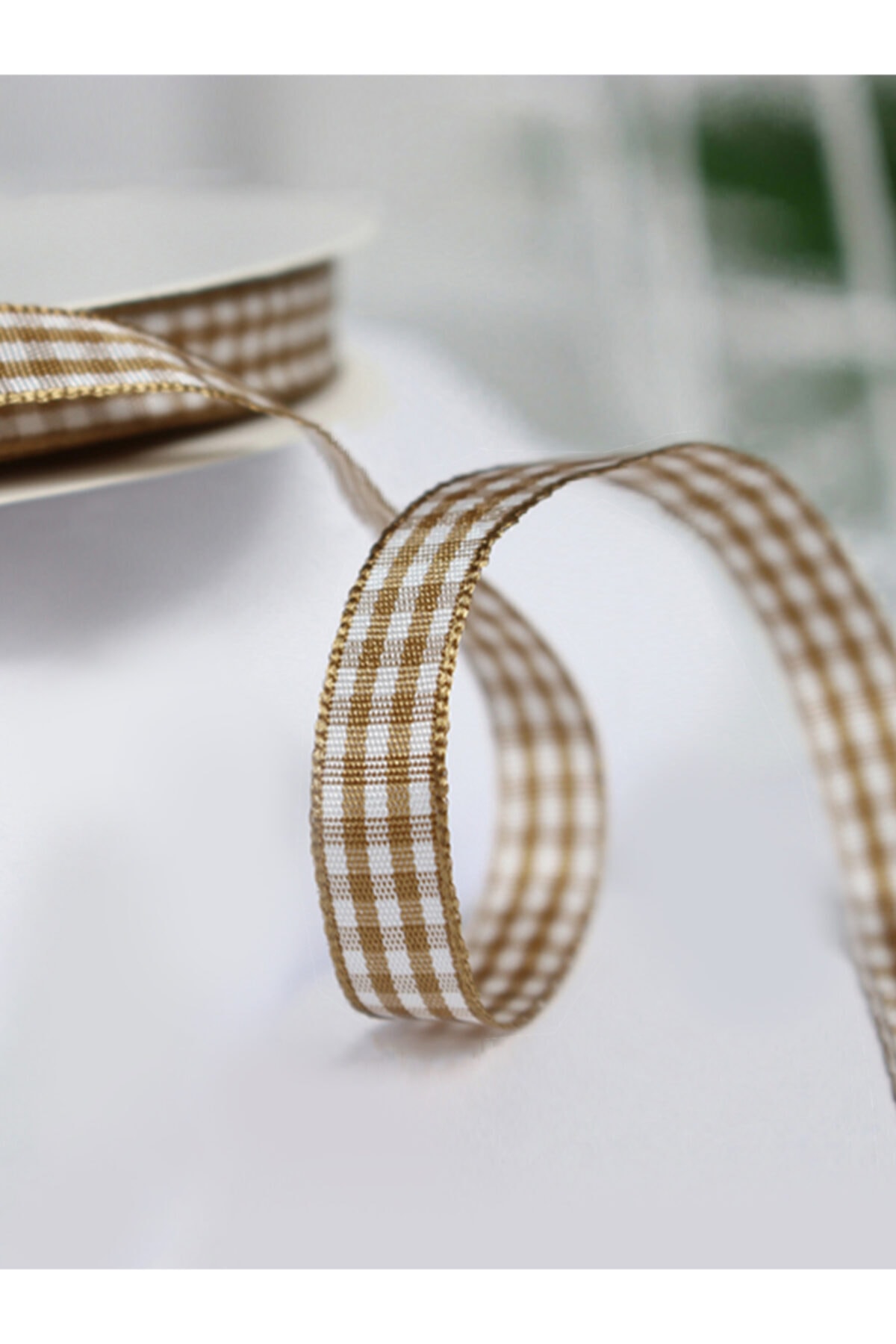 E Elmas Açık Kahve Ekose Kurdele (1cm-5m)