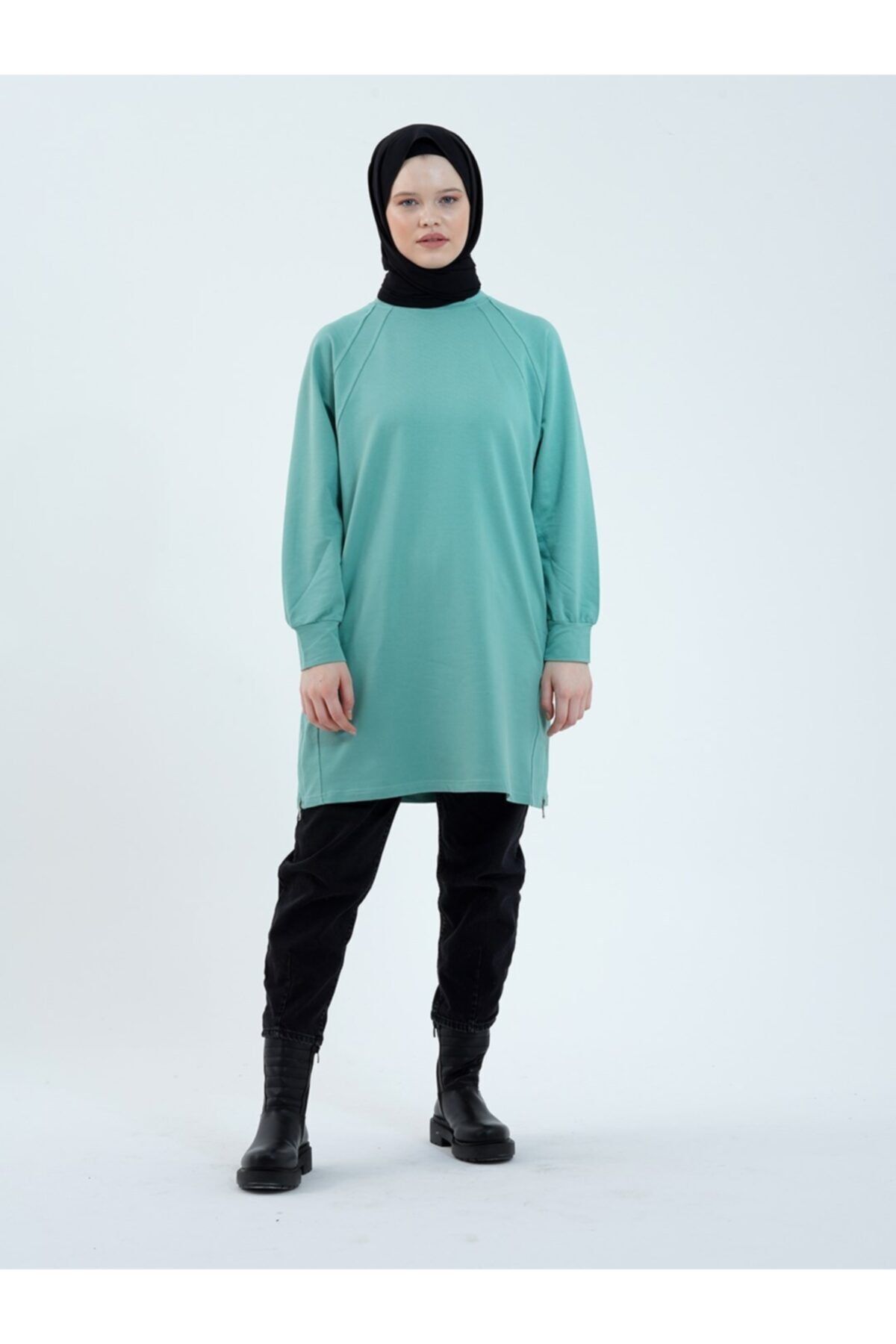 MaraSender Mint Dik Yakalı Fermuar Yırtmaçlı Sweat Tunik