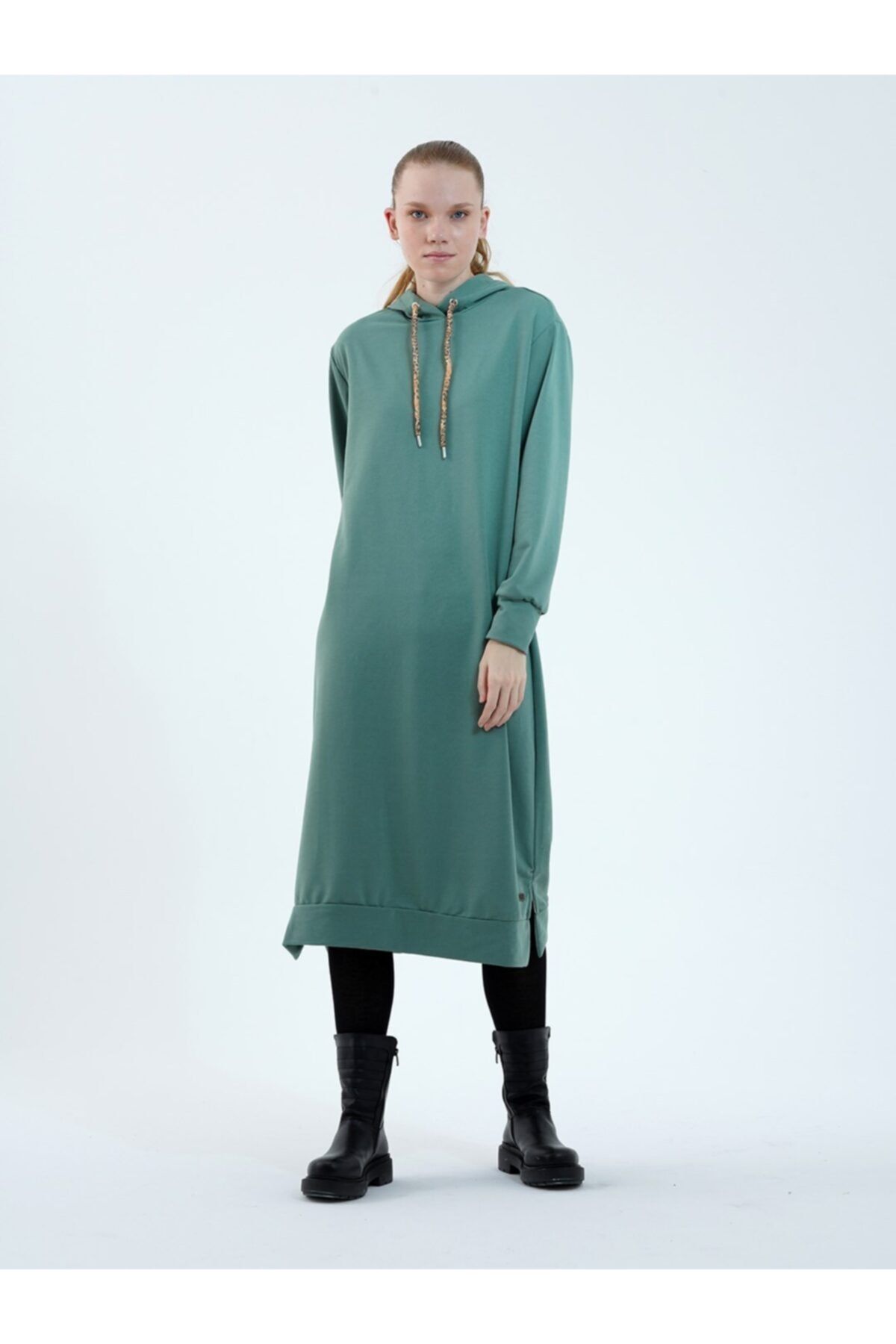 MaraSender Mint Leopar Bağcıklı Kapüşonlu Rahat Örme Tunik