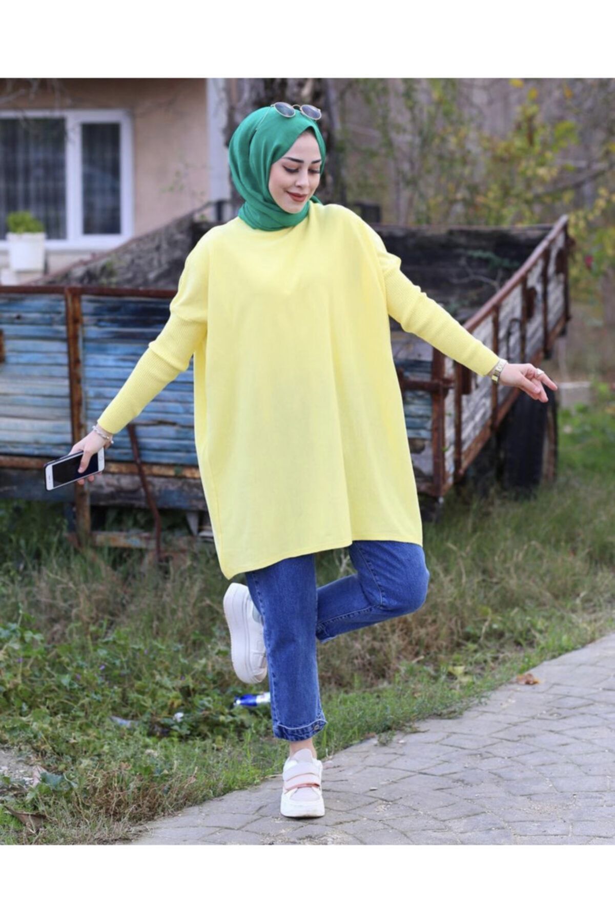 Papatya Giyim İzmit Kadın Sarı Salaş Kesim Tesettür Triko Tunik
