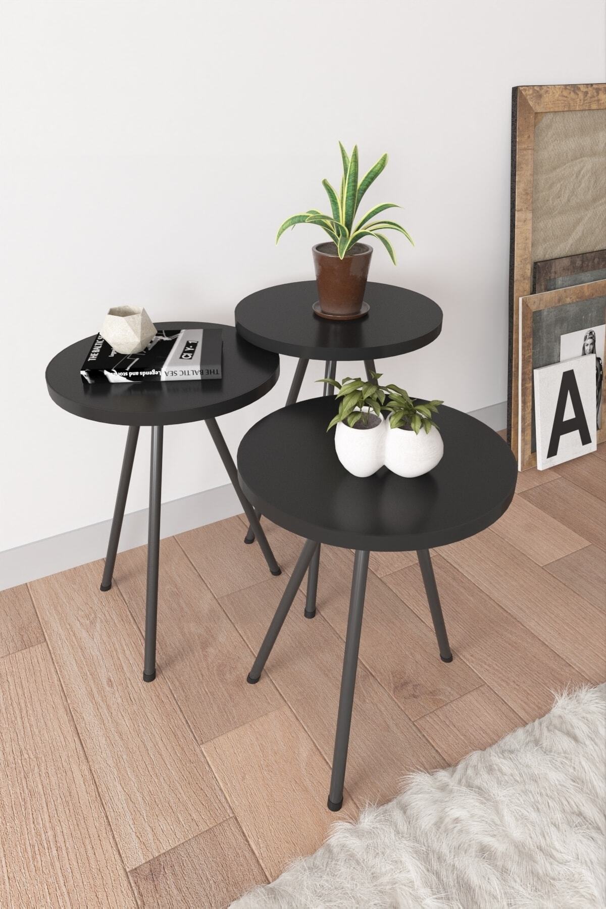 Ardeno Aris Oval 3lü Zigon Sehpa Takımı Siyah