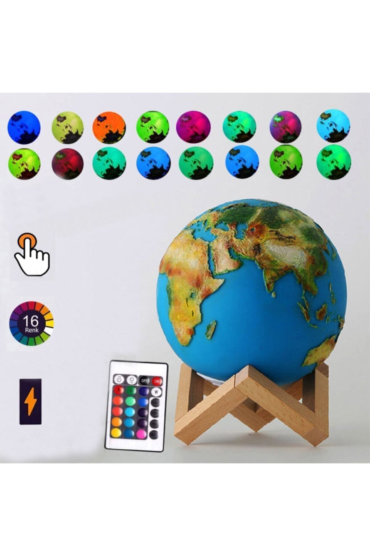 HEPBİMODA 3d Şarjlı Kumandalı Büyük Boy 16 Renkli Earth Moon Light Dünya Gece Lambası Kabartmalı
