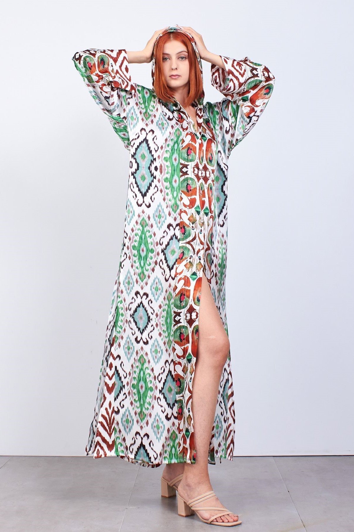 Nomads Felt %100 Ipek Kapşonlu Kimono Elbise Yeşil Ikat Desen 6