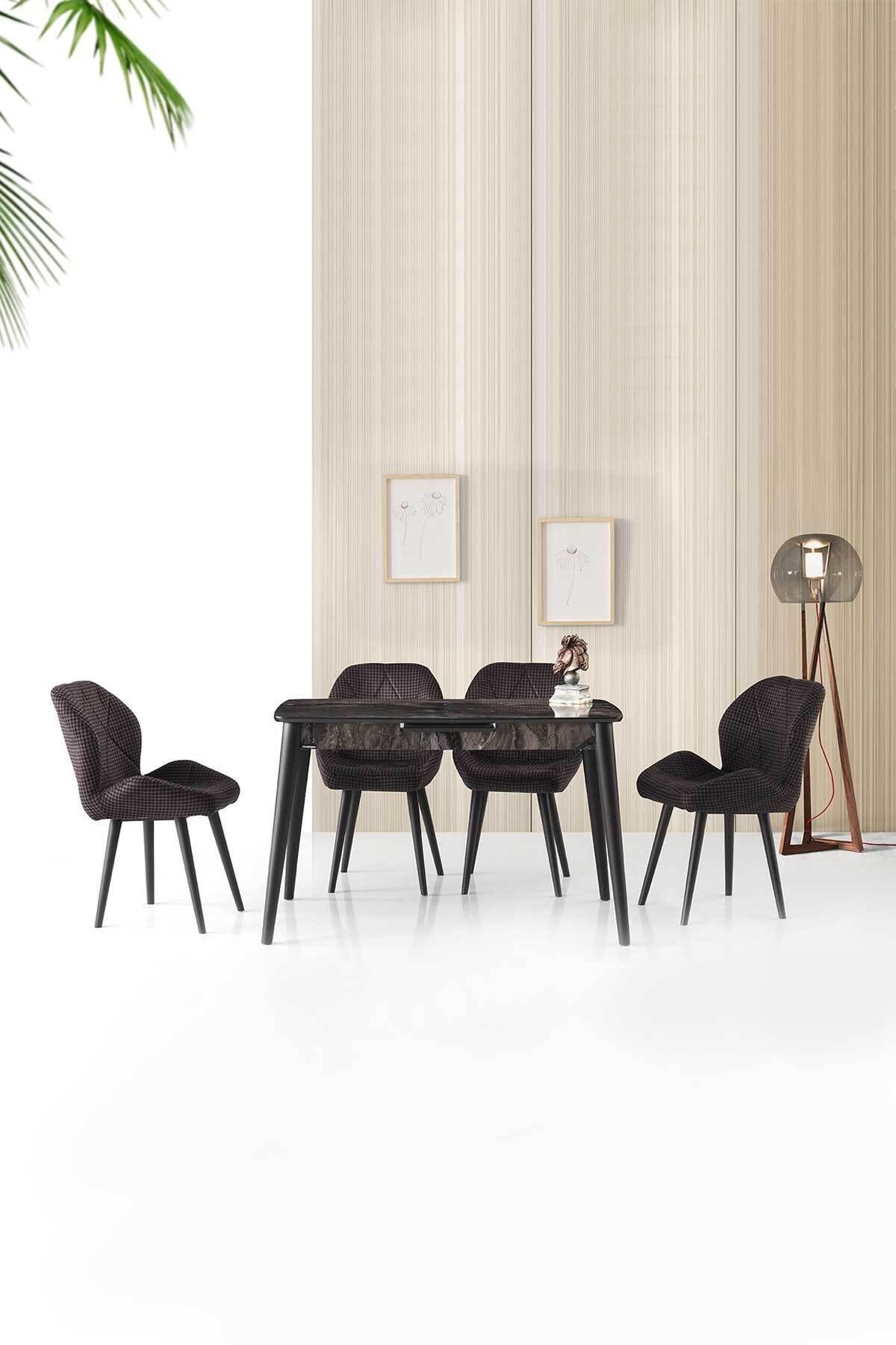 Mobesko AVM Siyah Mermer Desen 70x120 Cm 4 Sandalyeli Açılabilir Yemek Ve Mutfak Masa Takımı