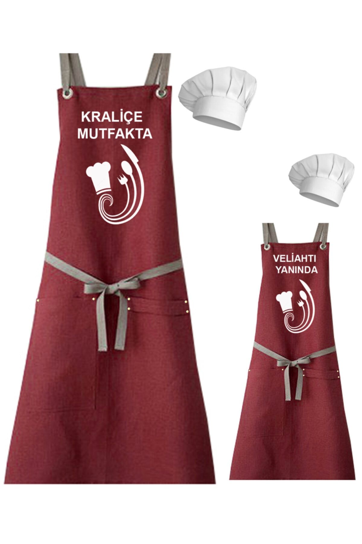 medusaforma Anne - Baba - Çocuk Nakışlı Önlük Kombinleri Aşçı Kıyafeti Master Şef Mutfak Önlüğü Chef Kepli Takım