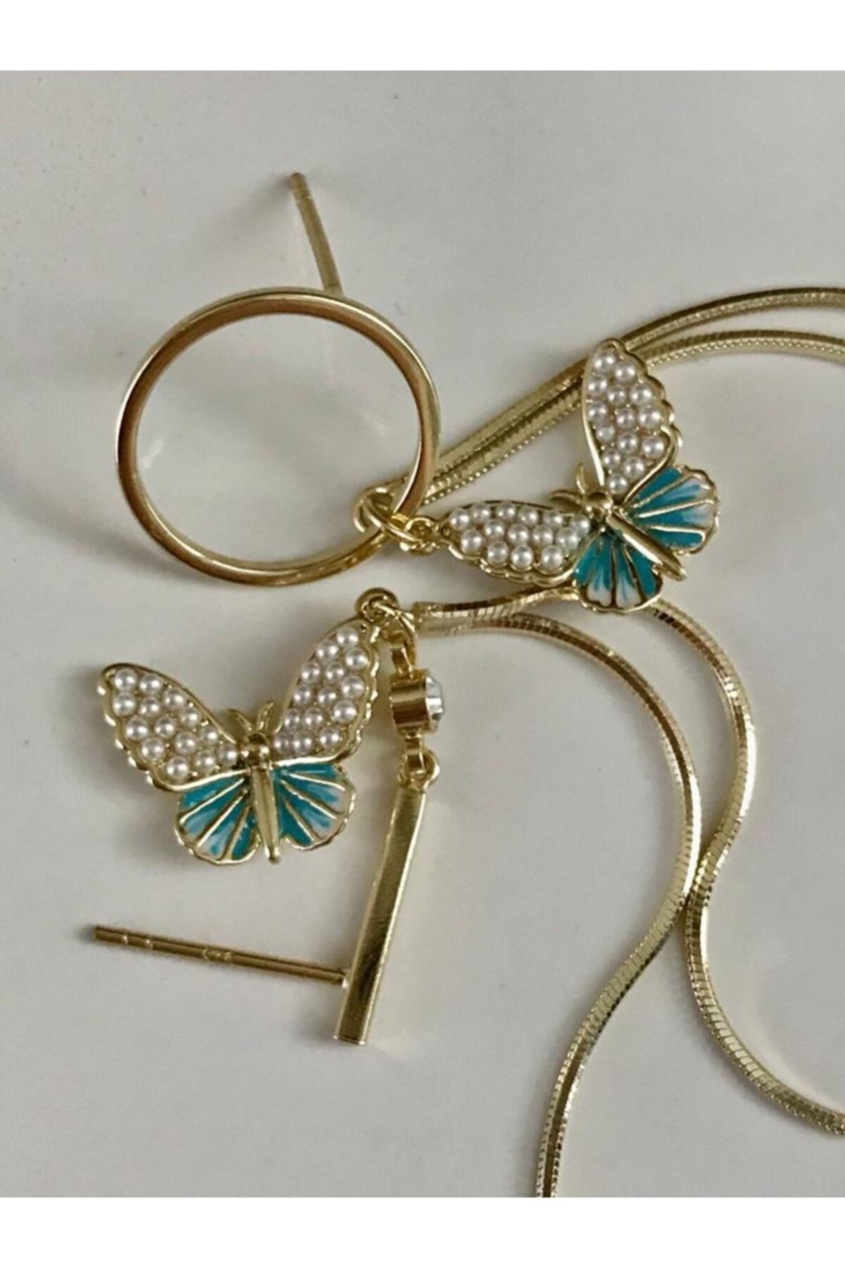 Opia JEWELRY Incili Mineli Gümüş Kelebek Küpe (mavi)
