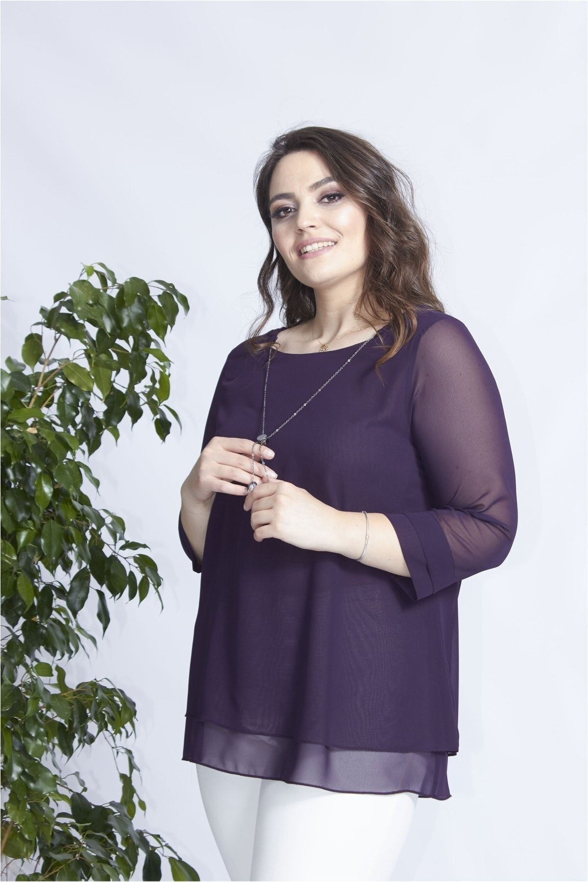 Moda Berray 1934 Koyu Mürdüm Kolye Yakalı Şifon Büyük Beden Şık Bluz