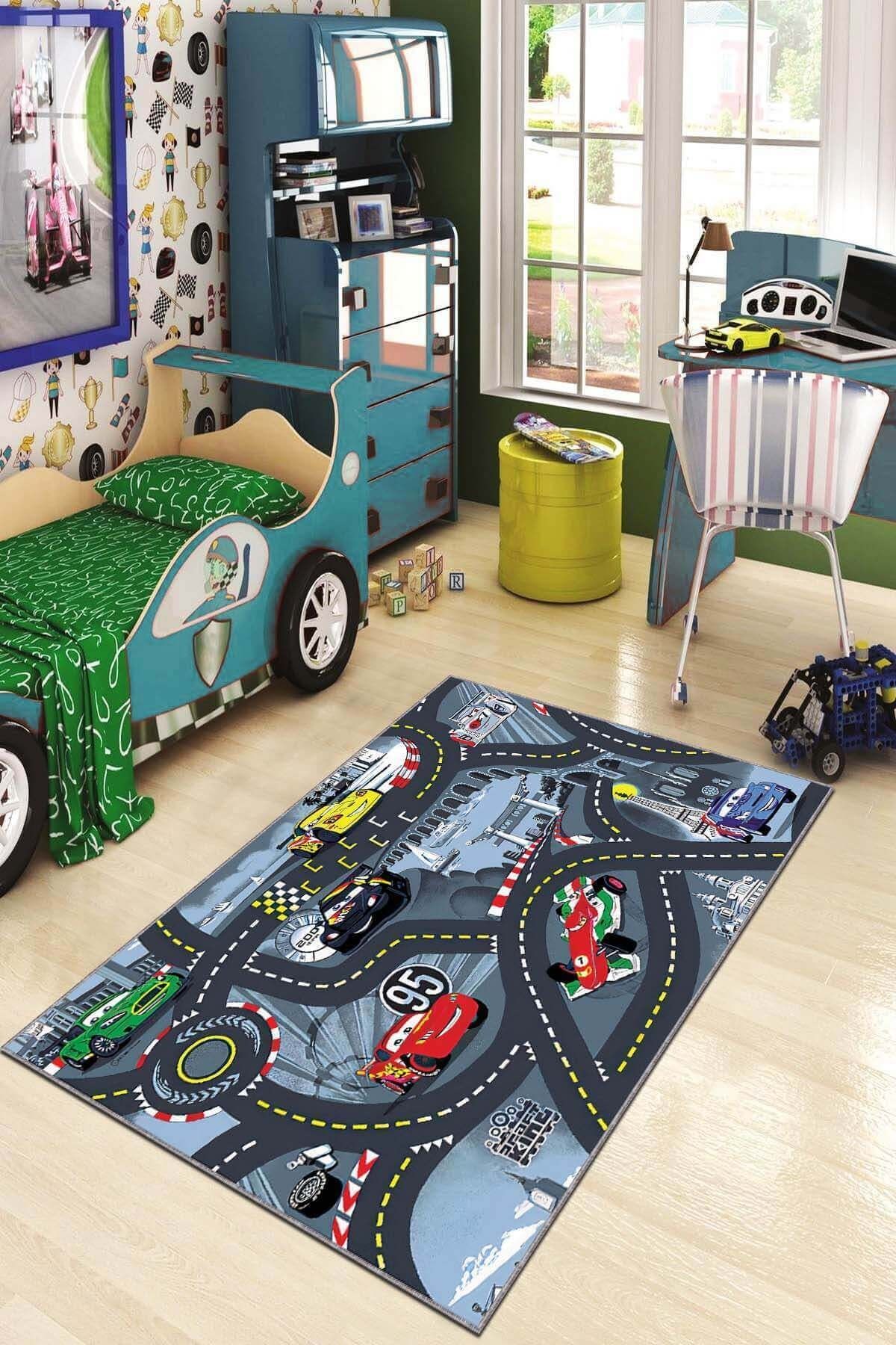 Viva Weaver's Kaymaz Tabanlı Makinede Yıkanabilir Yarış Arabalı Otoyollu Çocuk Halısı Ar704