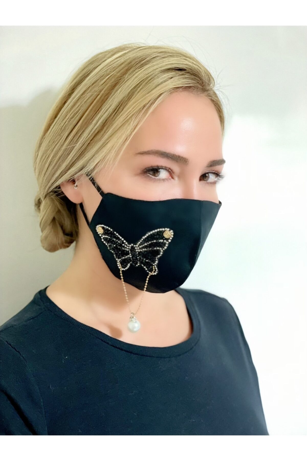MaskeTrendi SiyahTaşlı Maske / Pamuklu Kumaş, Kelebek Taşlı Incili, Yıkanabilir, Çift Katlo Bez Maske