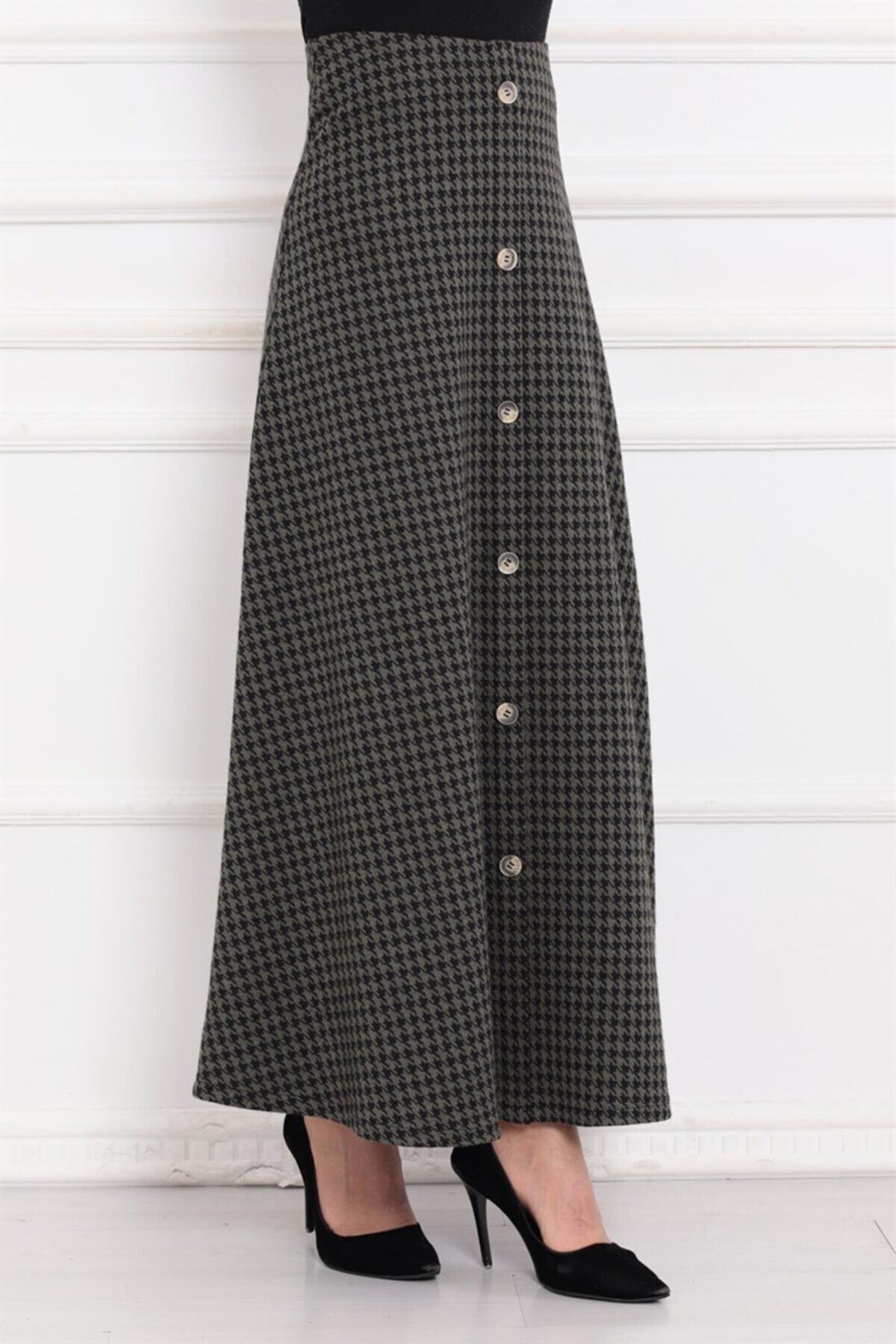 ModaBerfu Kazayağı Desenli Düğmeli Etek 4001-haki