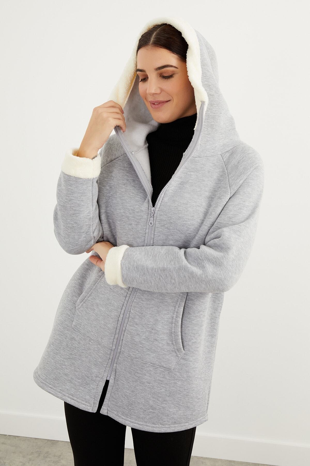 For Big Trend Peluş Detaylı Kanguru Cep Kapüşonlu Içi Şardonlu Fermuarlı Uzun Sweatshırt
