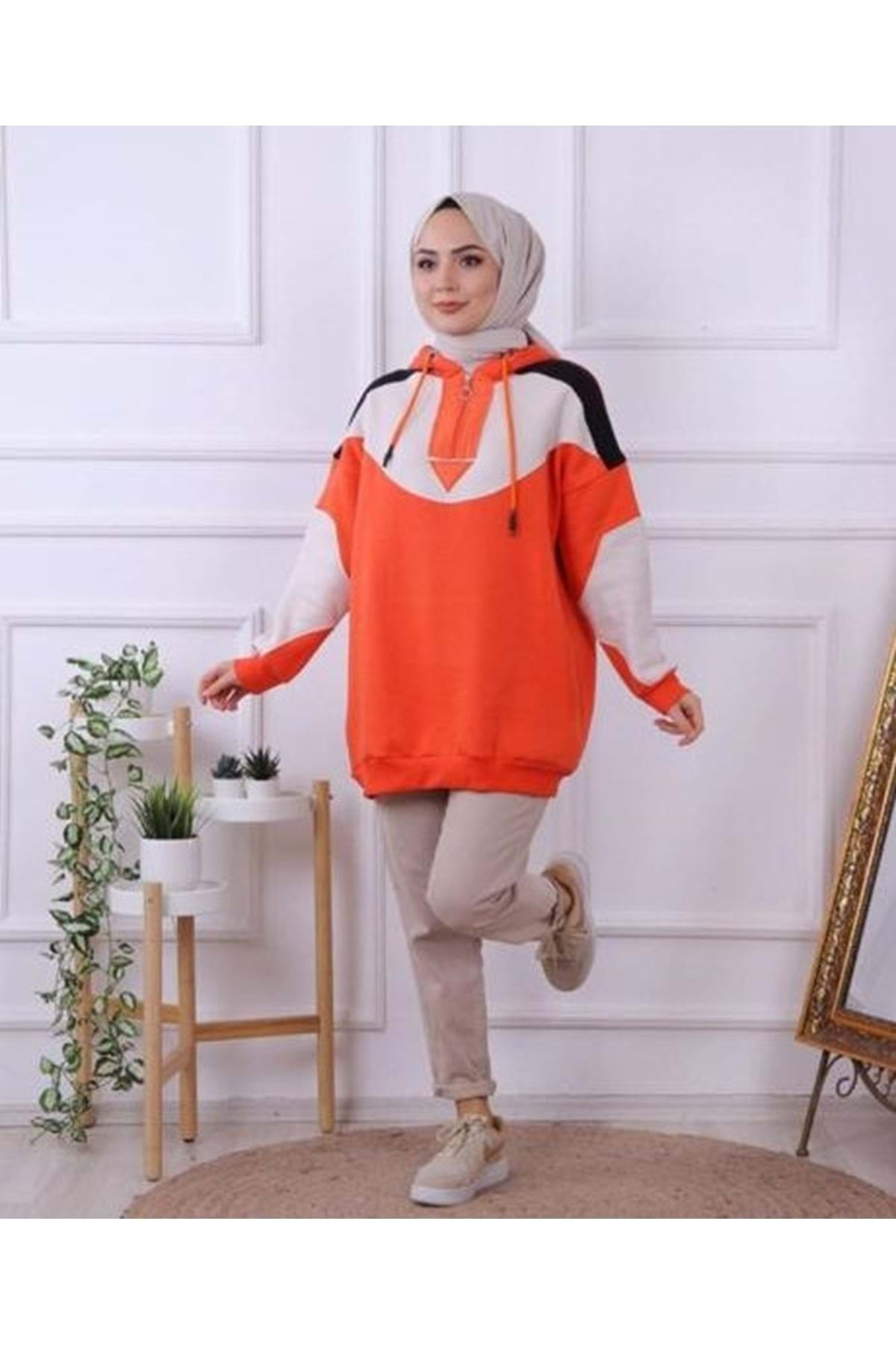 azra fashion Yakası Fermuar Sweat 1448 - Turuncu - S-m