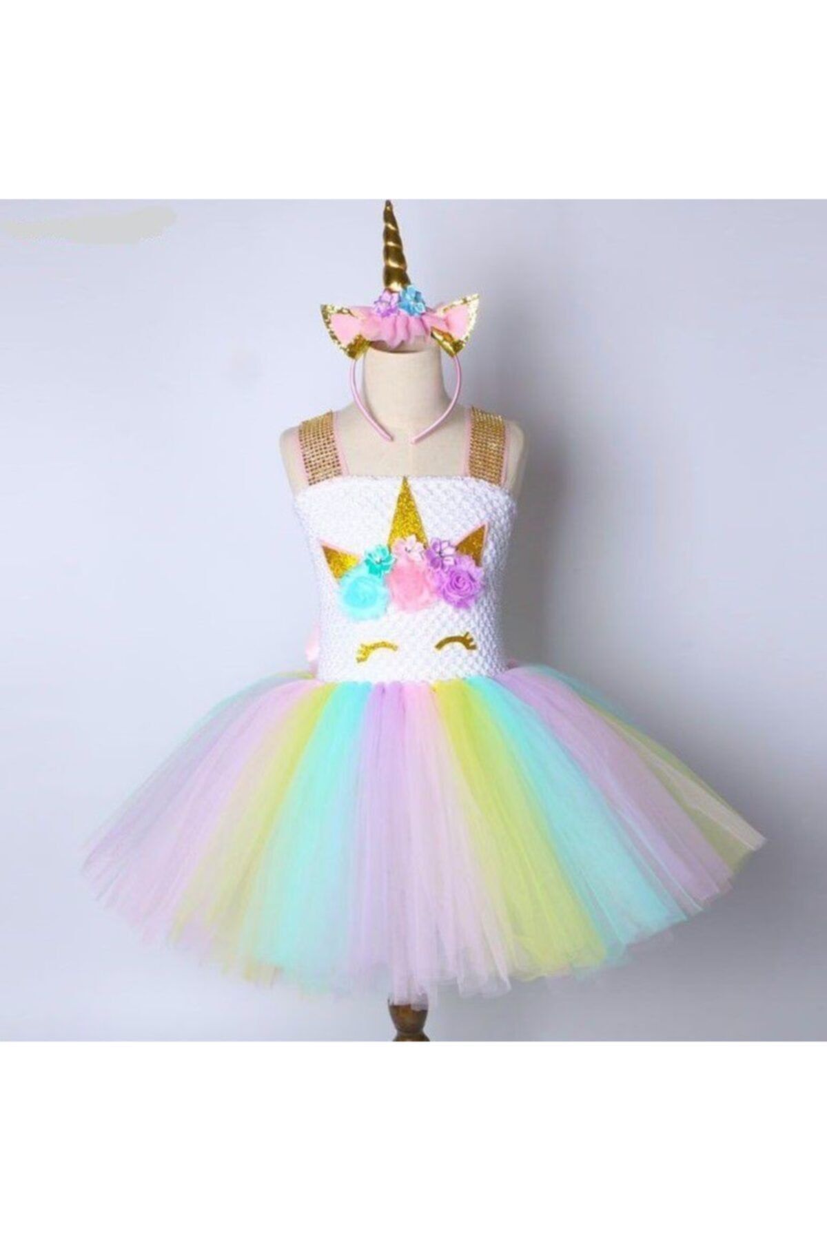 ELABUTİK2008 Kısa Unicorn Elbise+taç Hediye Kostüm Uzun Elbise Unicorn Taç Prenses Elbise Doğum Günü