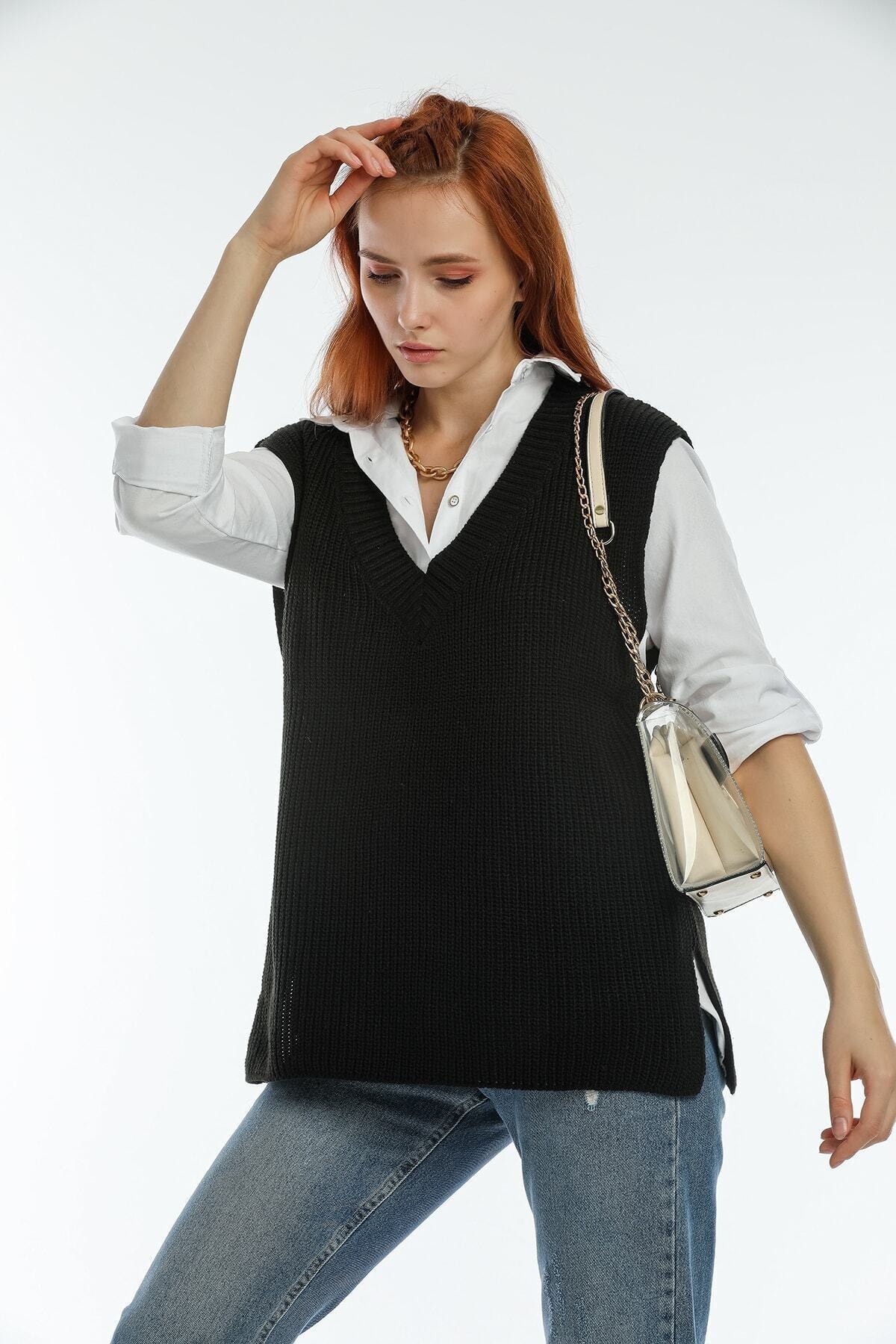 freedom fashion Kadın Siyah V Yaka Triko Süveter