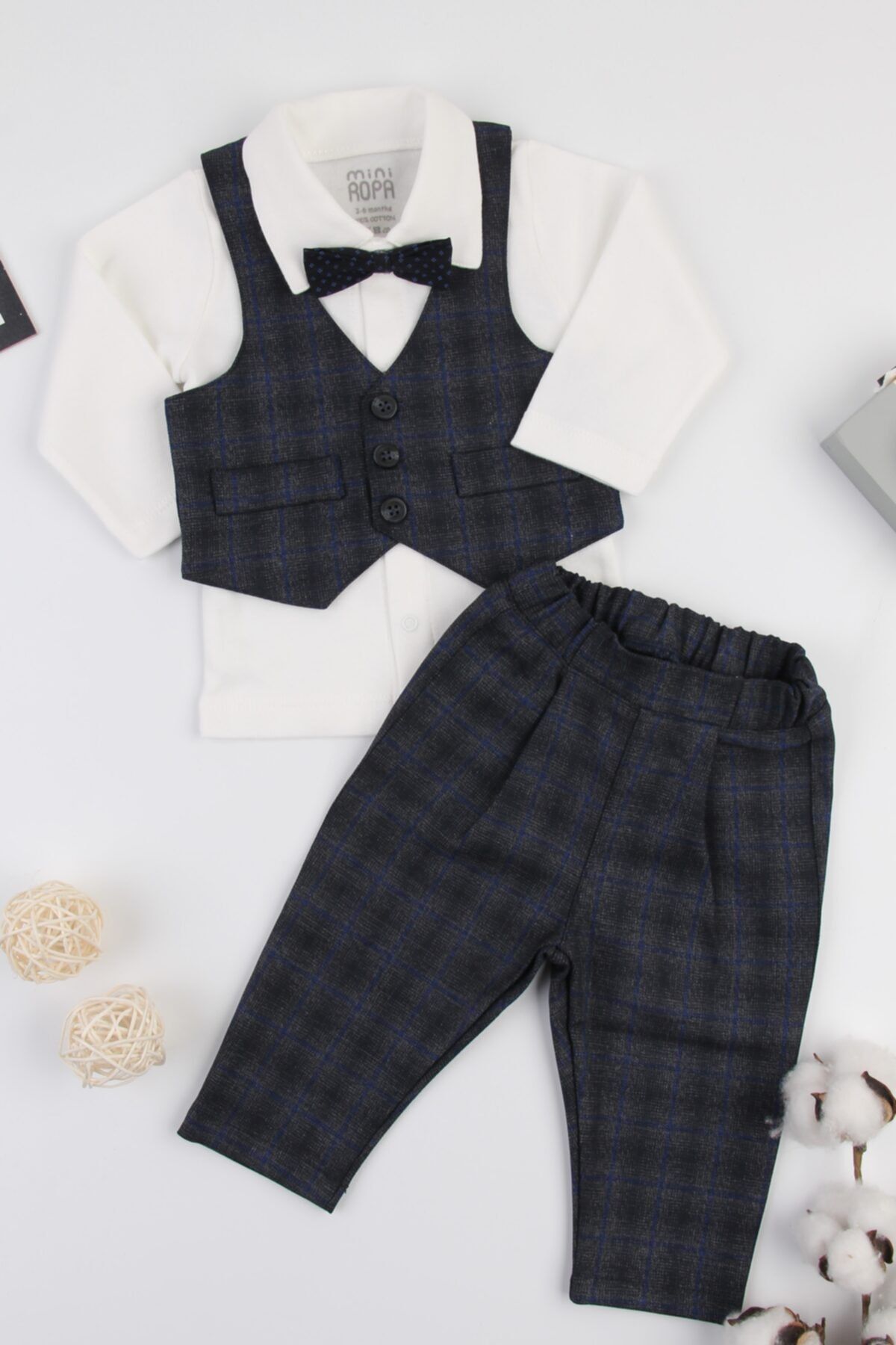 Mini Ropa Lacivert Mavi Kareli Kışlık Papyonlu Yelekli 3'lü Bebek Takımı