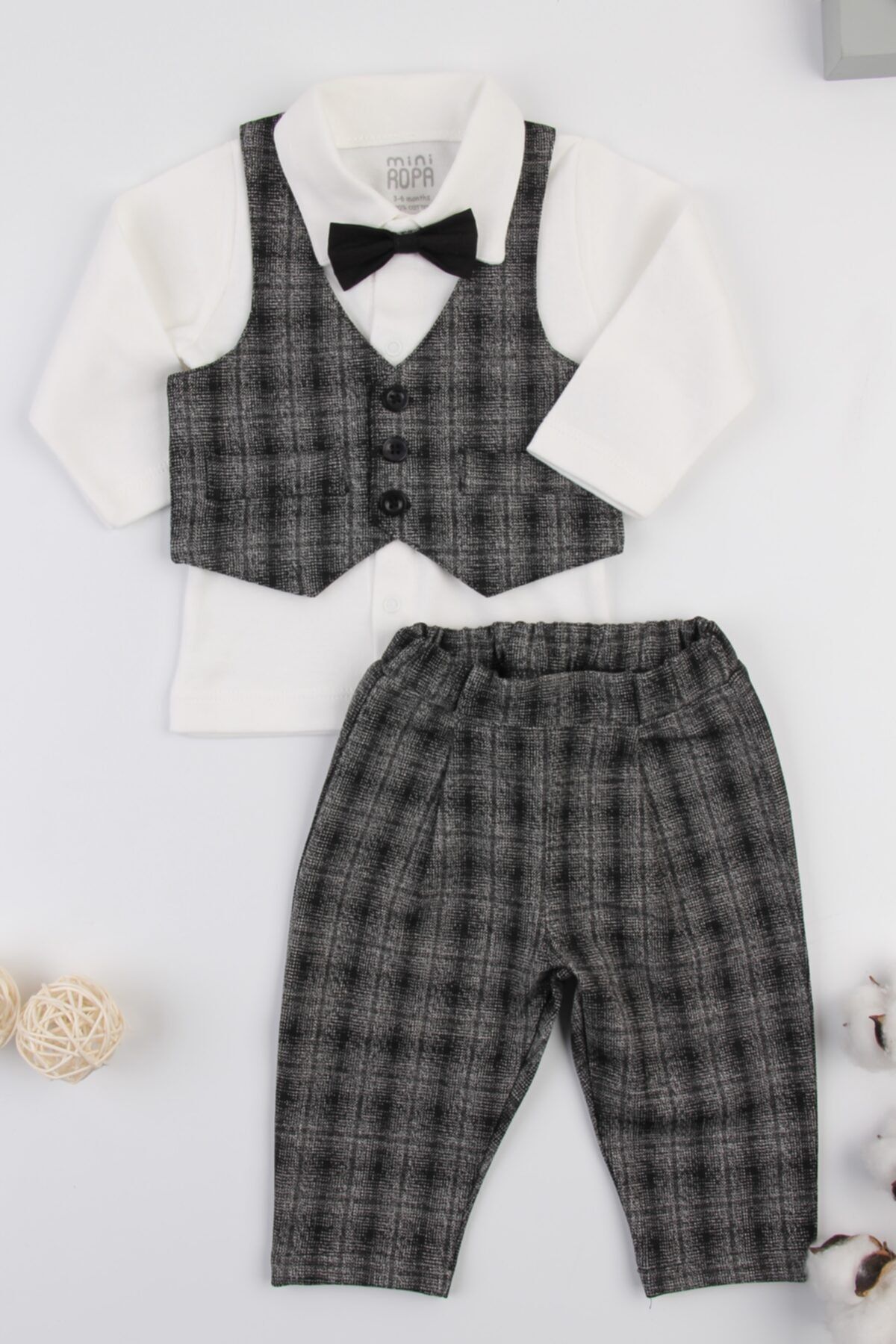 Mini Ropa Kırçıllı Kareli Kışlık Papyonlu Yelekli 3'lü Bebek Takımı