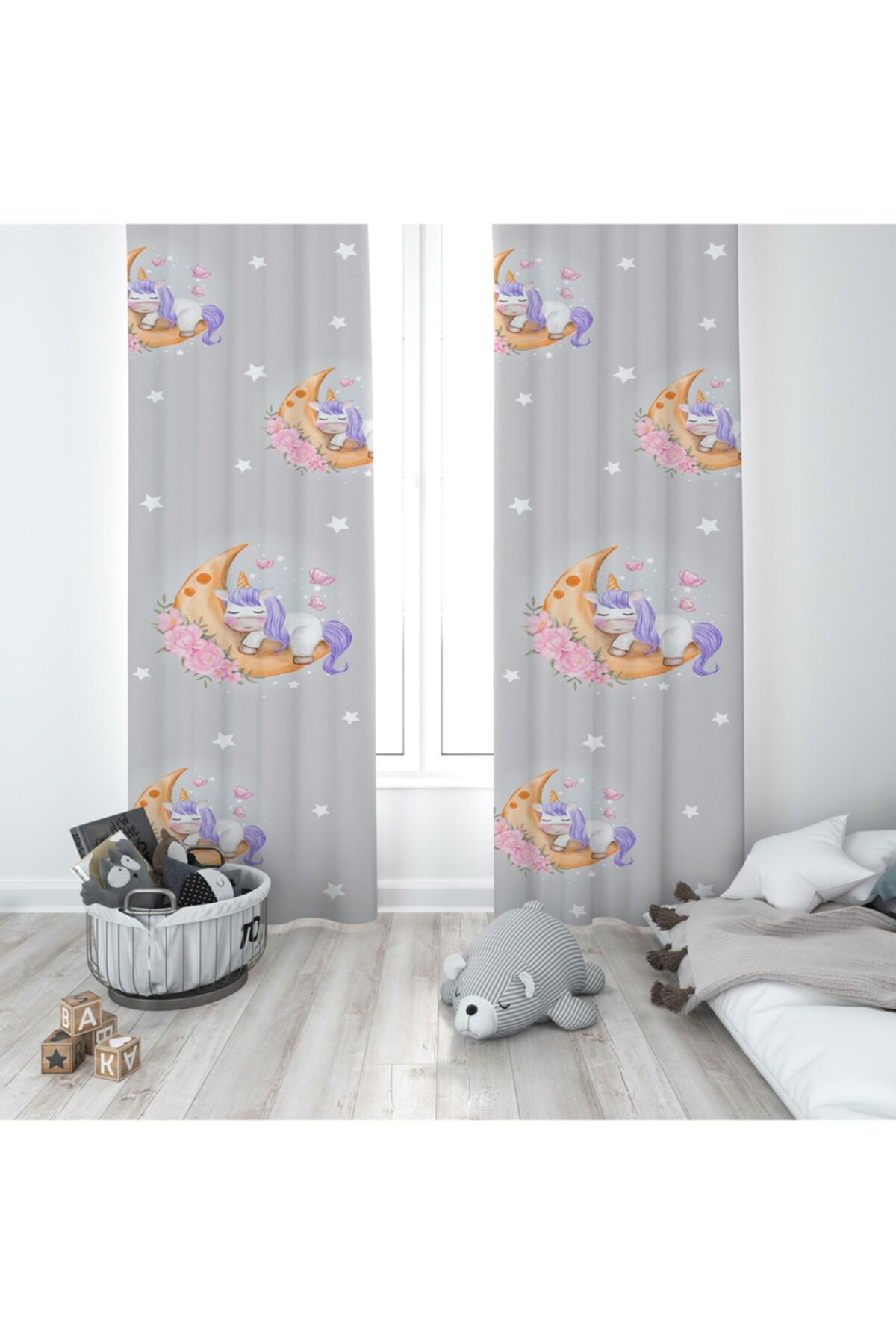 BMK's STORE Bebek Ve Çocuk Odası Aylı Unicornlu Gri Fon Perde -076