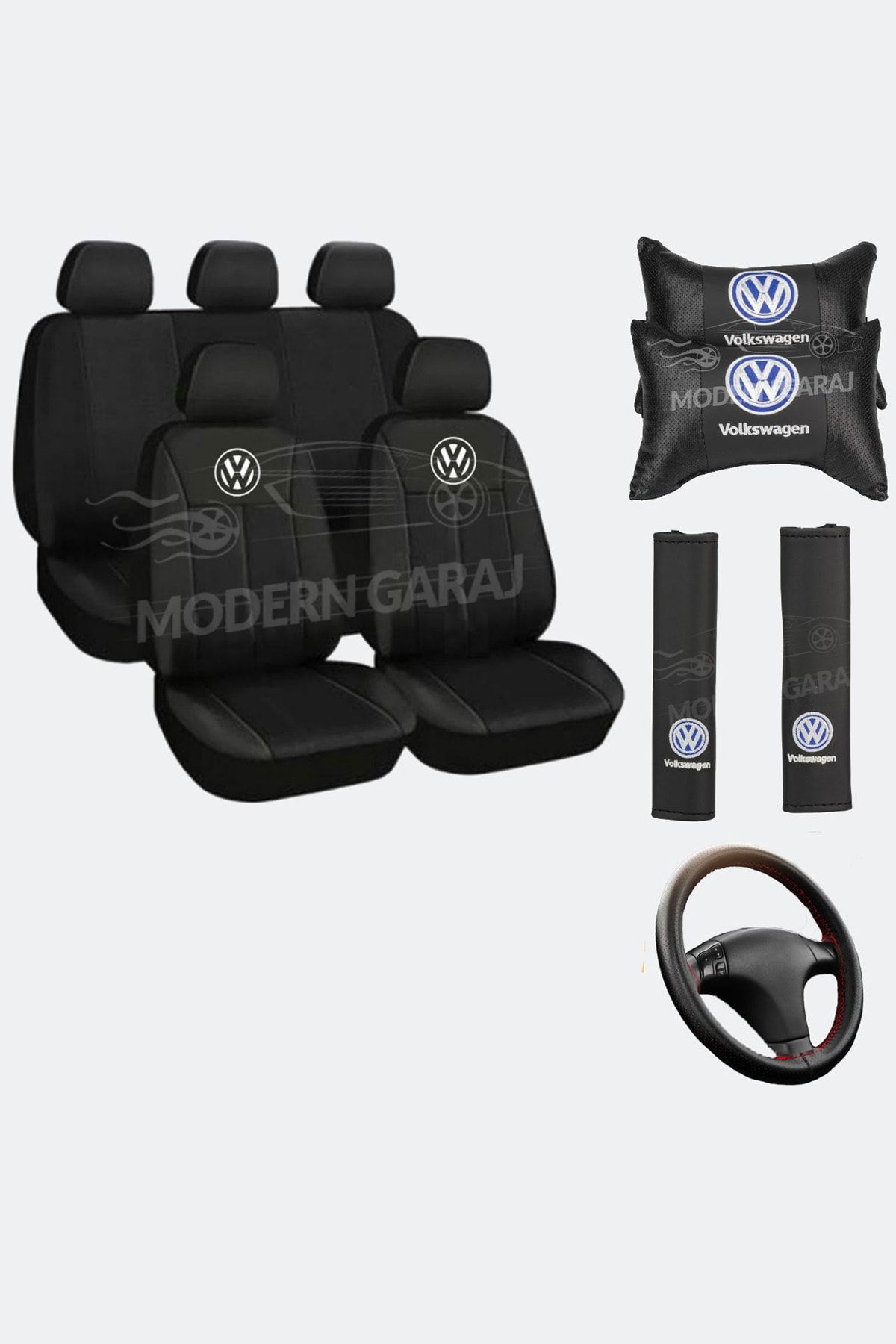 Modern Garaj Volkswagen Koltuk Kılıfı Volkswagen Boyun Yastığı Volkswagen Kemer Pedi Dikmeli Direksiyon Kılıfı