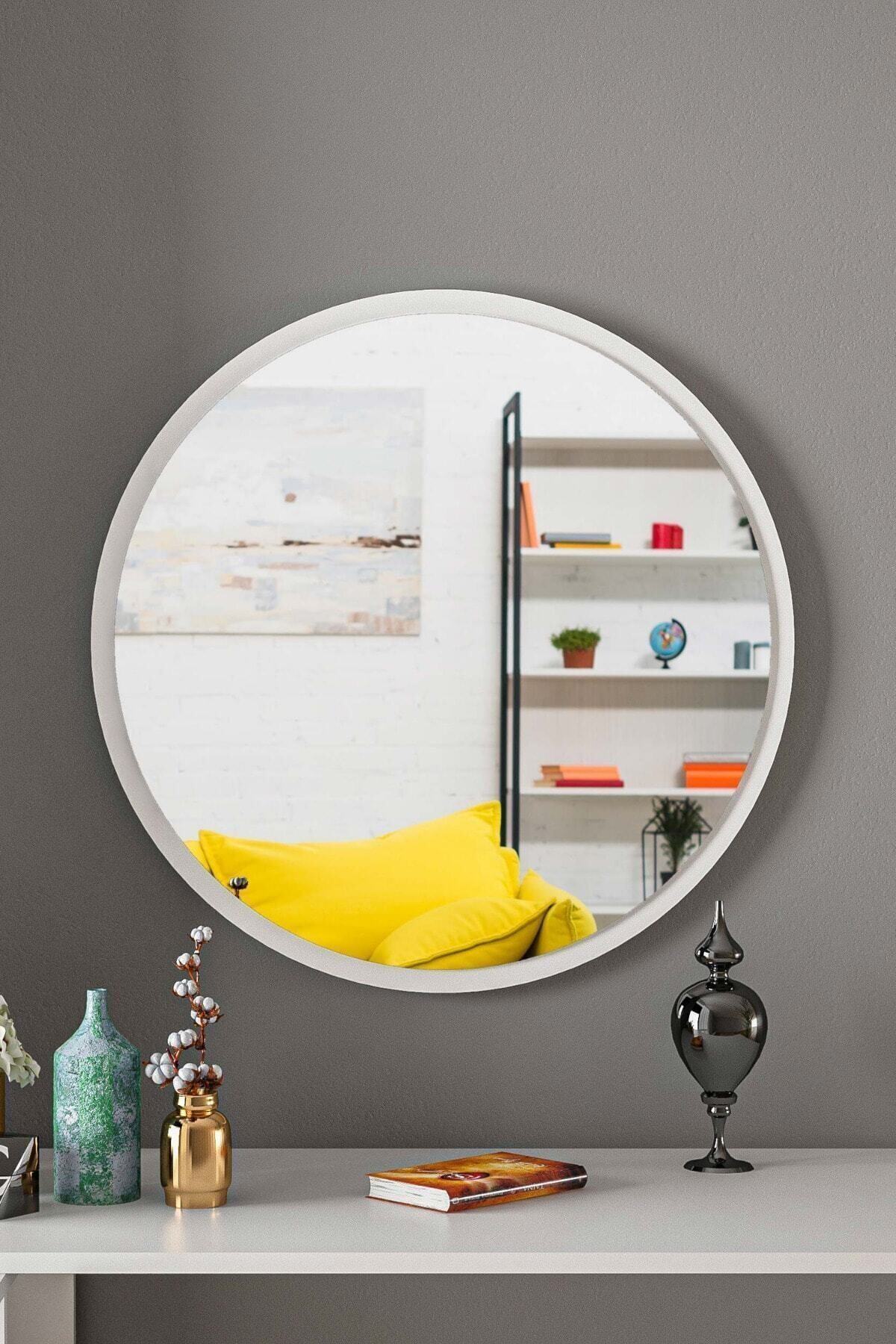 woodstore Beyaz Dekoratif Yuvarlak Antre Hol Koridor Duvar Salon Mutfak Banyo Wc Ofis Aynası 45 Cm