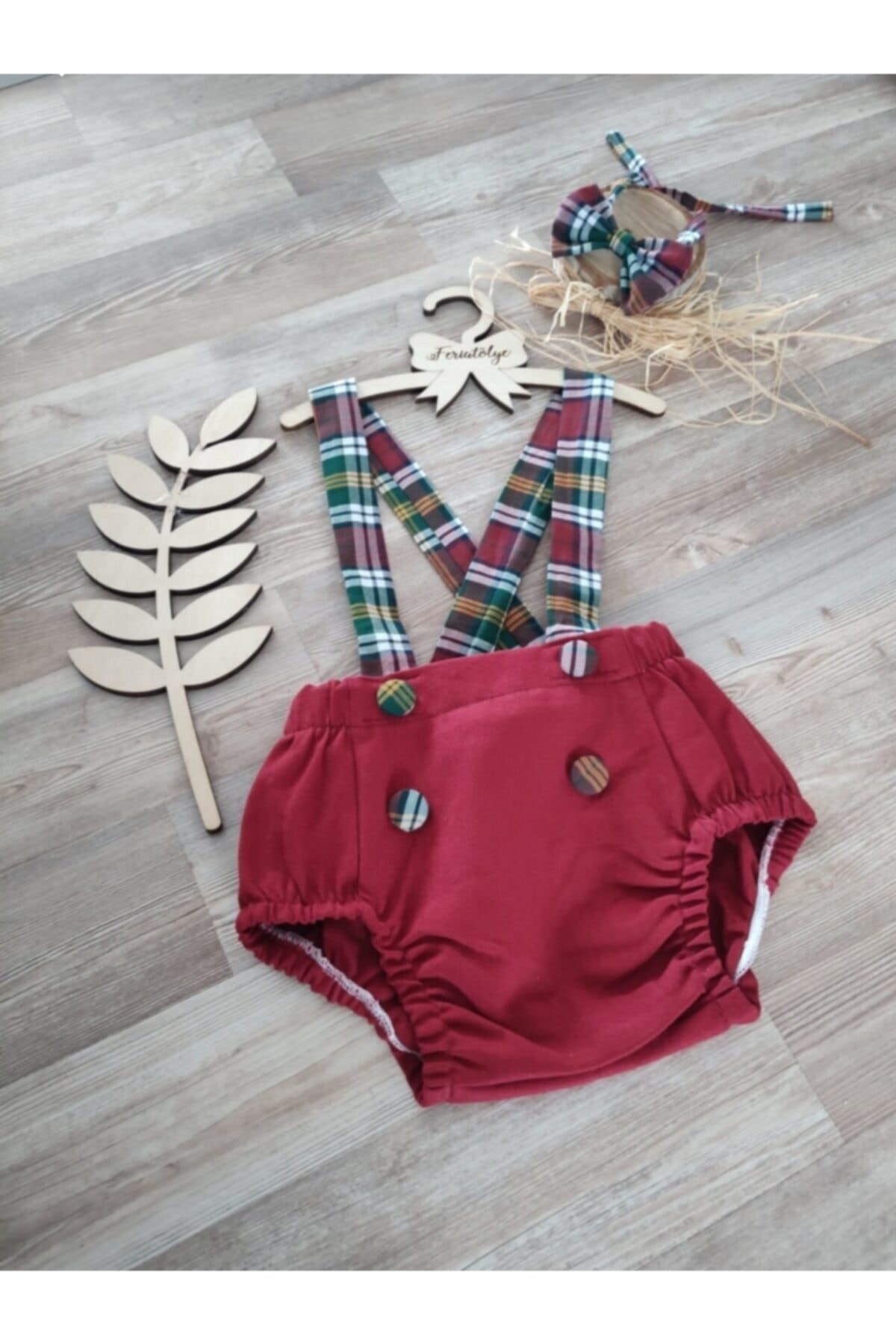 Feriatolye Bordo Ekose Salopet Erkek Çocuk Doğum Günü Kıyafeti