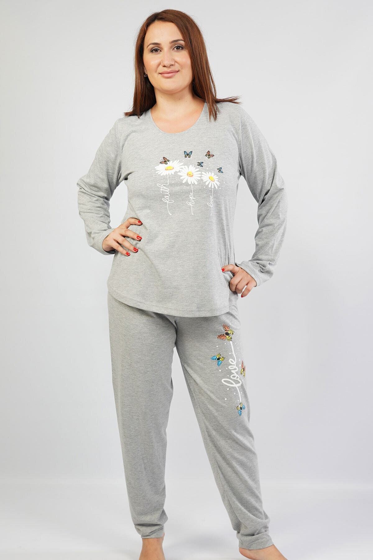 VİENETTA Kadın P.suprem Uzun Kol Büyük Beden Gri Melanj Pijama Takım