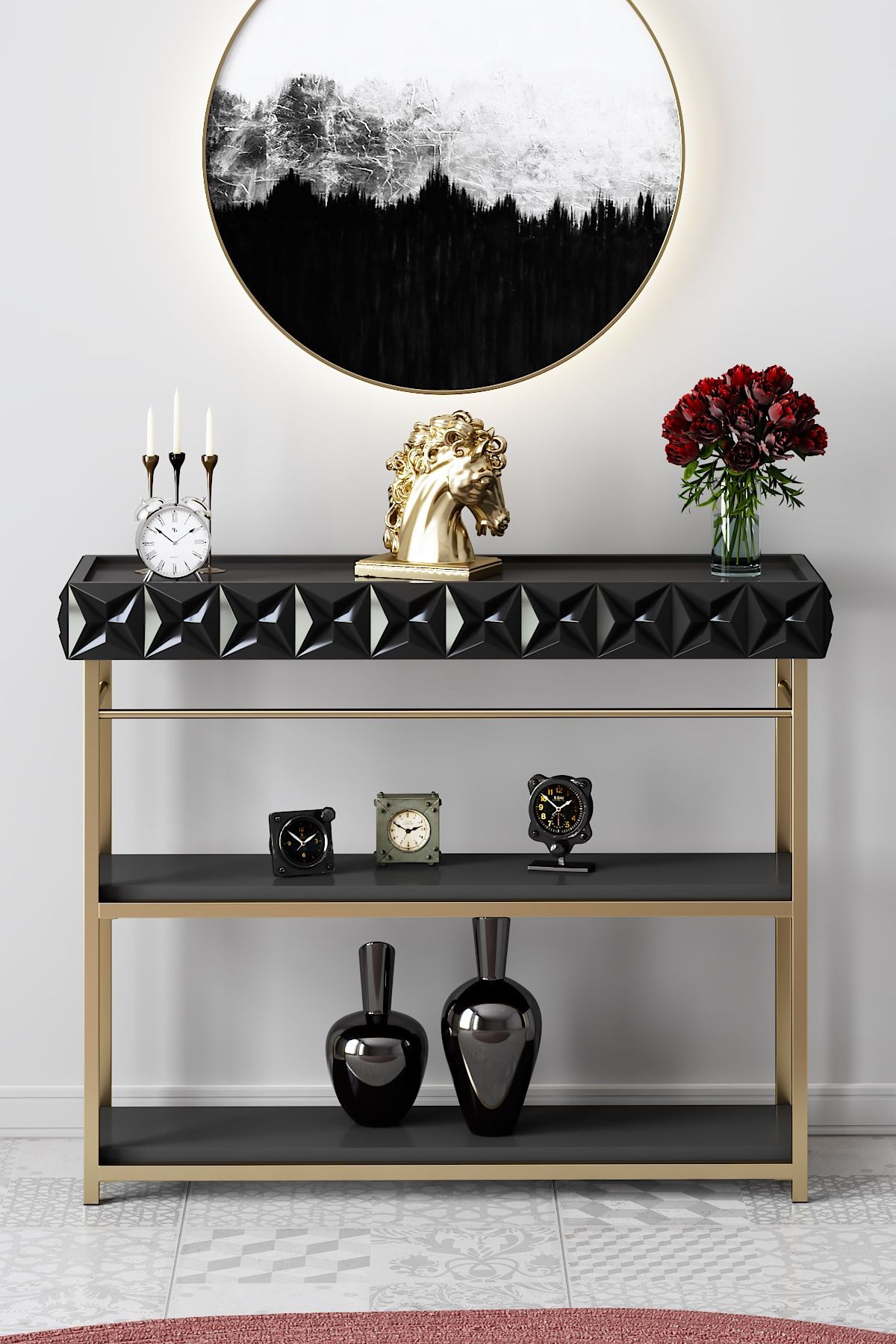 Modatte - Zümrüt Dresuar 102cm Motif Uygulamalı Modern Konsol - Tymd184