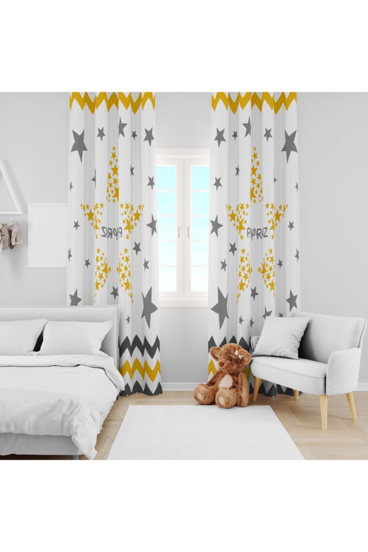 Ziu Kids Süet Dokulu Sarı Gri Yıldız Desenli Bebek&çocuk Odası Dekoratif Fon Perde