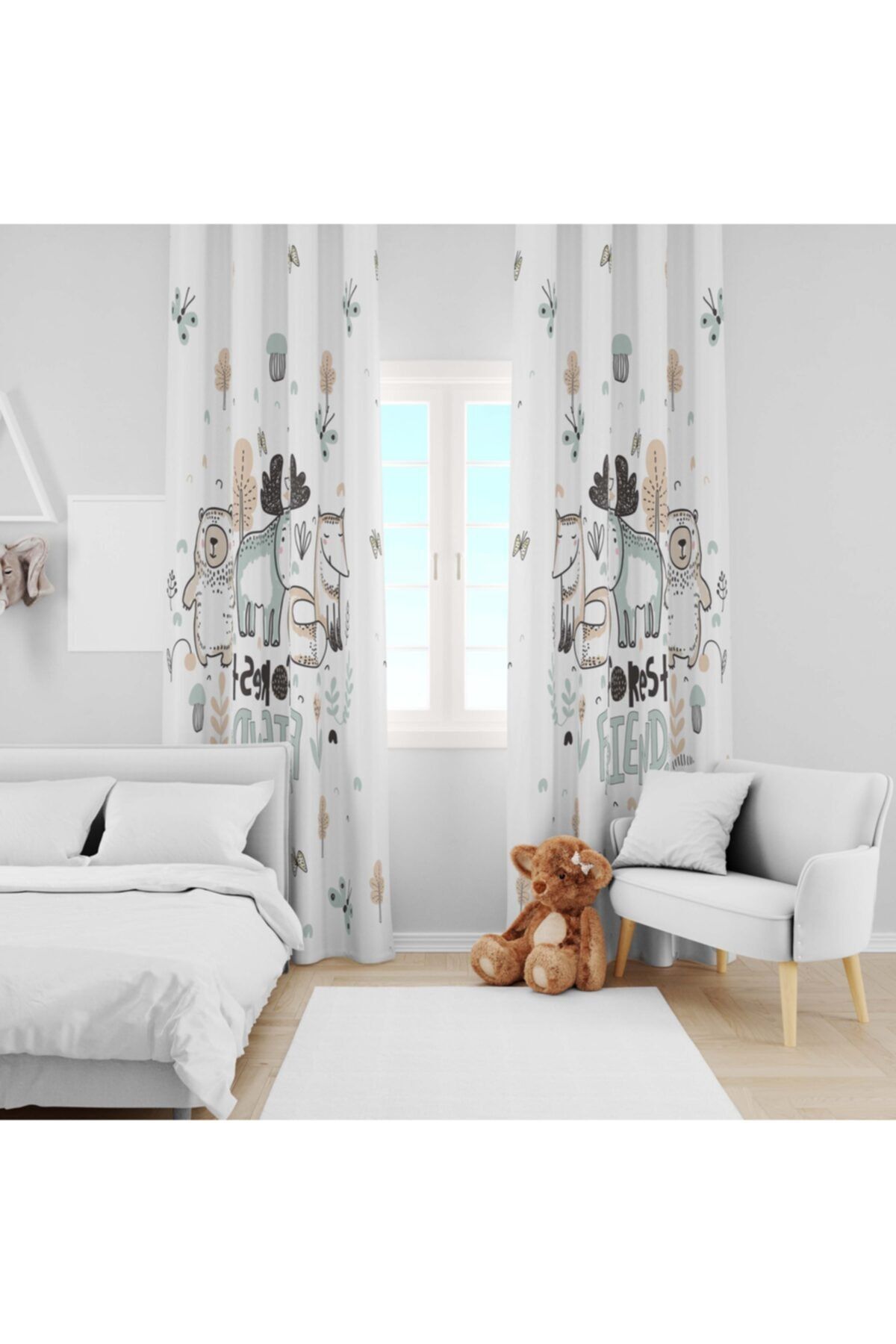 Ziu Kids Süet Dokulu Forest Friends Desenli Bebek&çocuk Odası Dekoratif Fon Perde