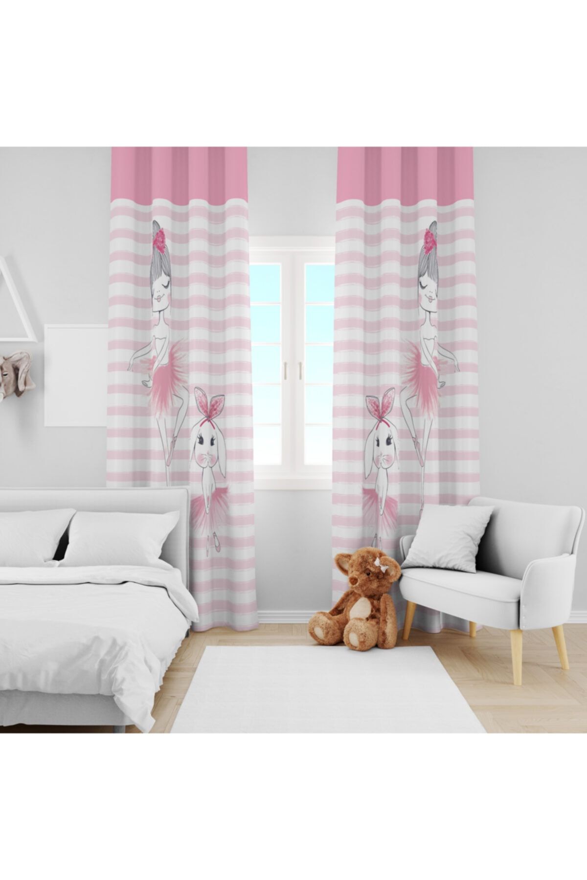 Ziu Kids Süet Dokulu Pembe Çizgili Balerin Ve Tavşan Desenli Bebek&çocuk Odası Dekoratif Fon Perde