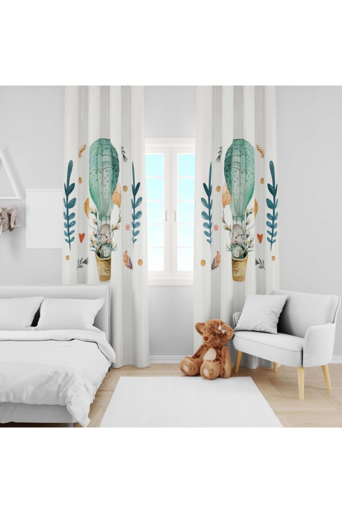 Ziu Kids Süet Dokulu Uçan Balon Fil Desenli Bebek&çocuk Odası Dekoratif Fon Perde