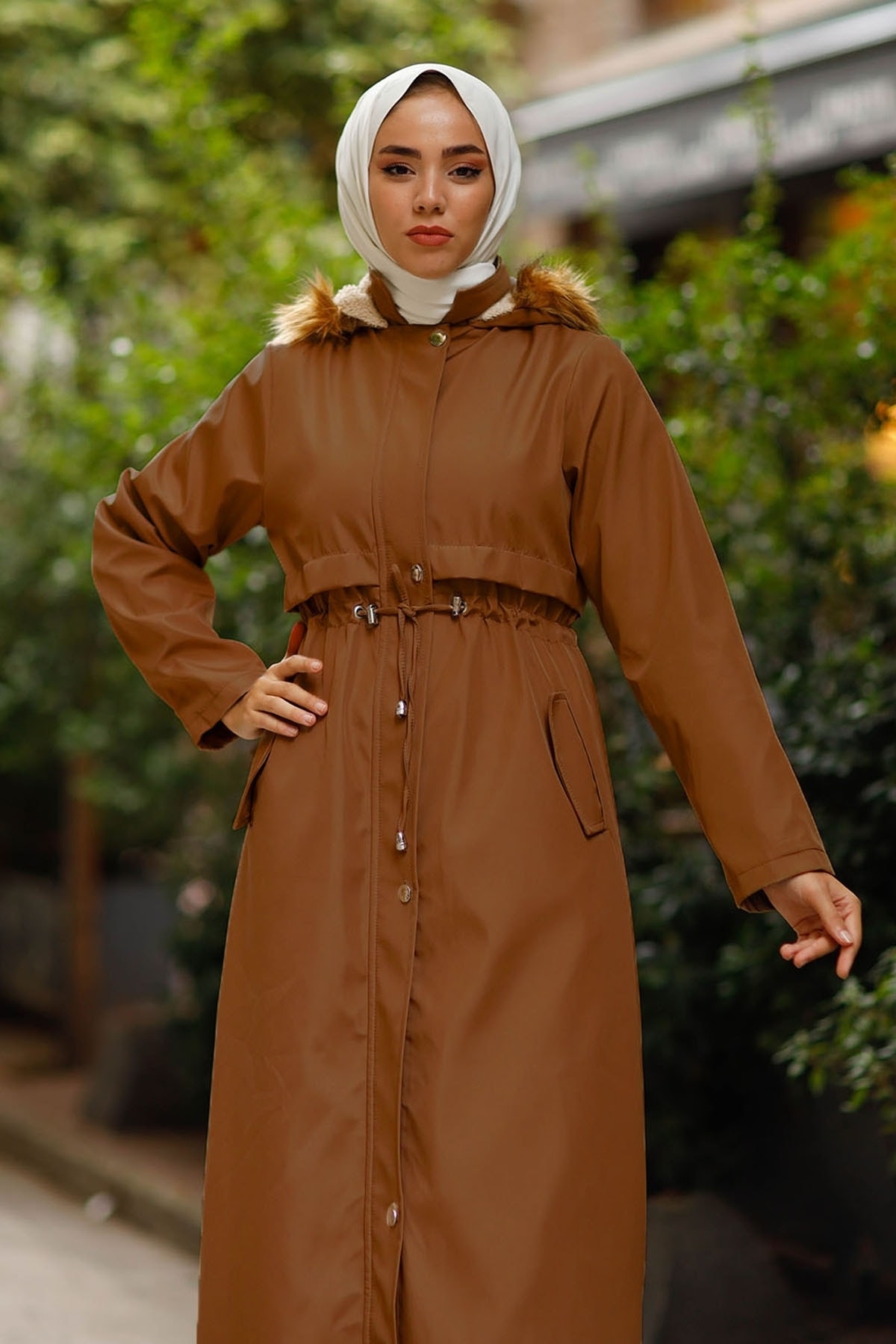 InStyle Tam Boy Kürklü 9020 Uzun Kaban - Taba