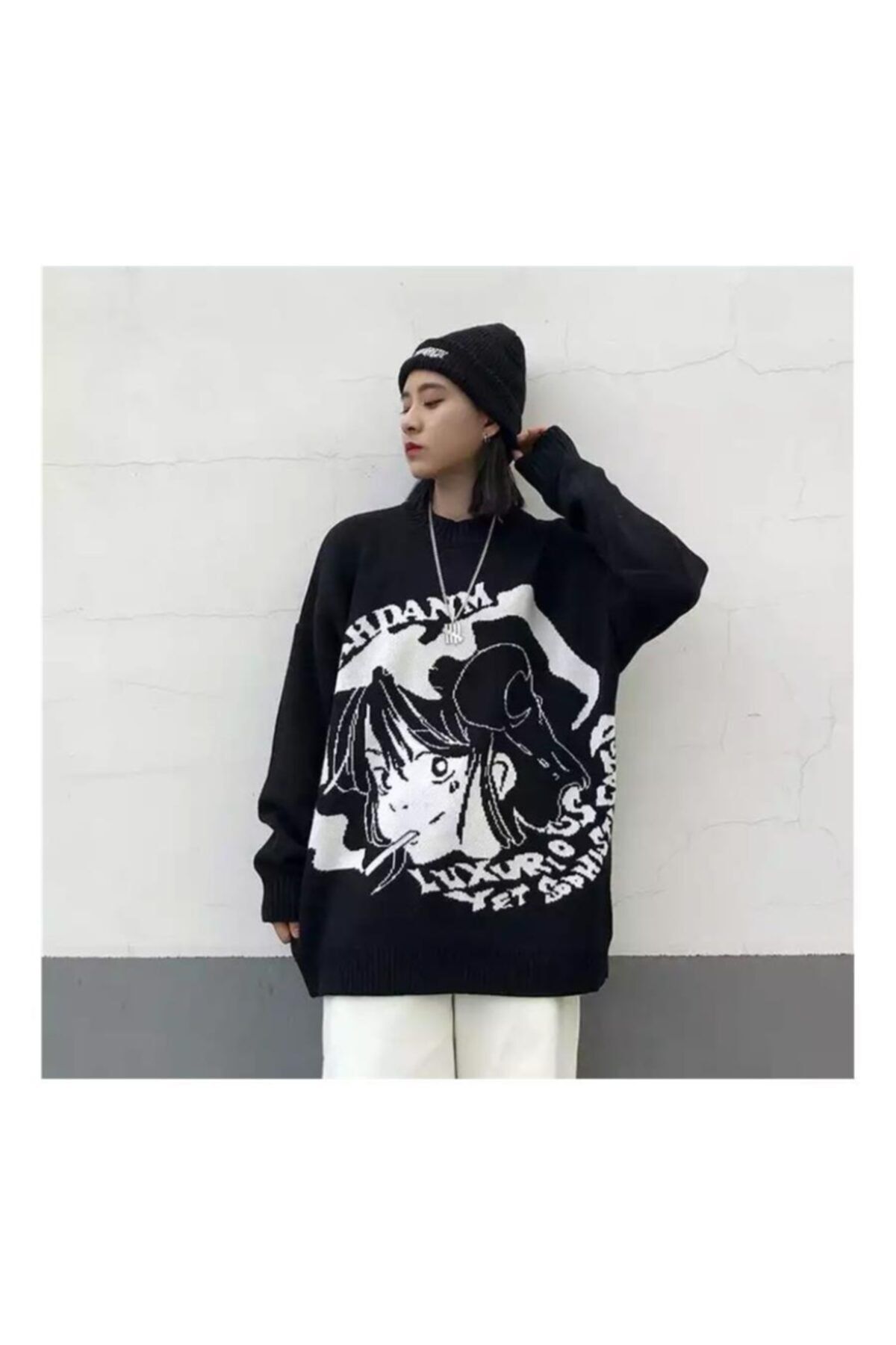 Köstebek Anime Smoking Girl Siyah Oversize Kazak