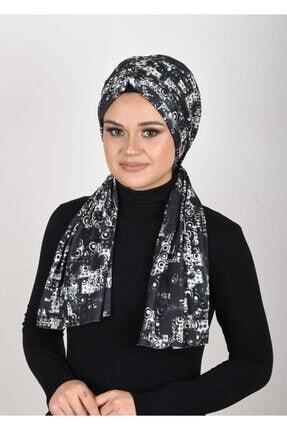 Siyah Beyaz Desenli Sandy Kumaş Likralı Hazır Şal-eşarp-bone Image 0