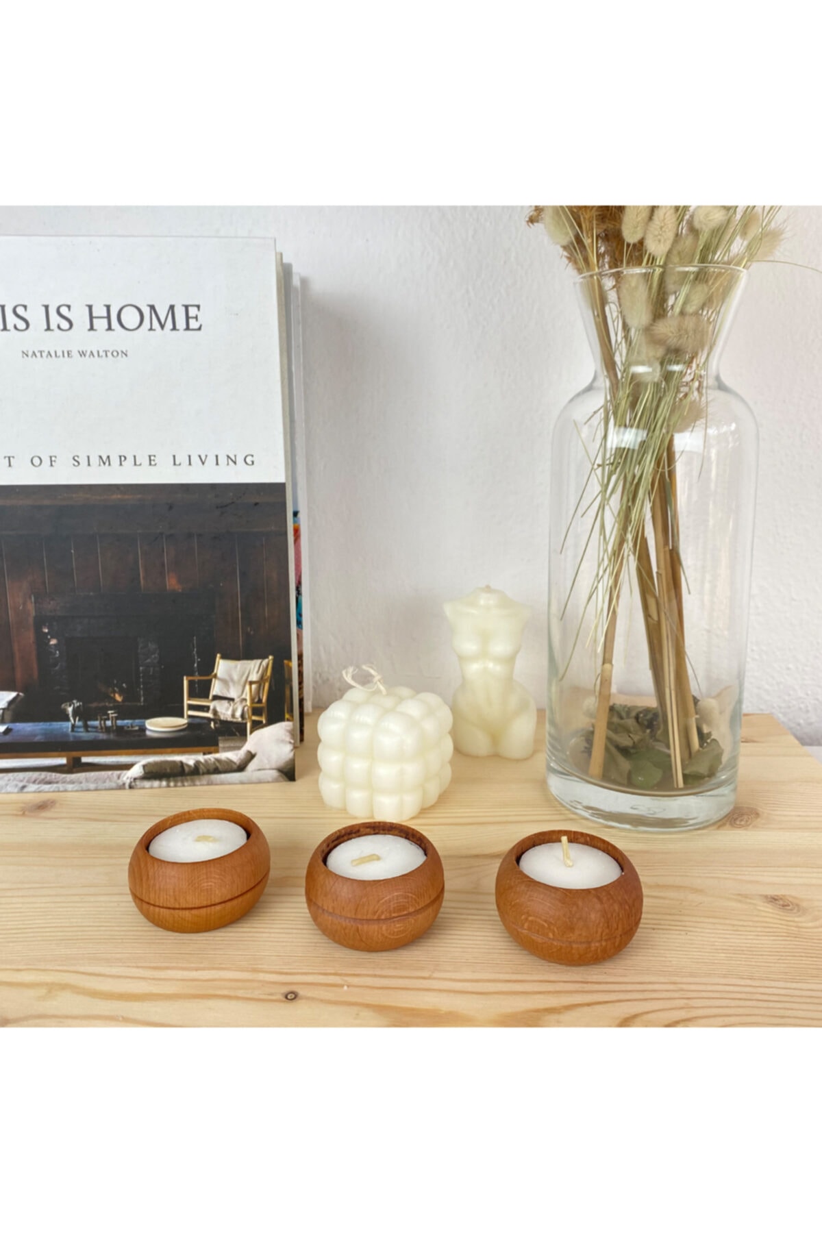 LUKREA El Yapımı Ahşap 3'lü Tealight Mumluk Set